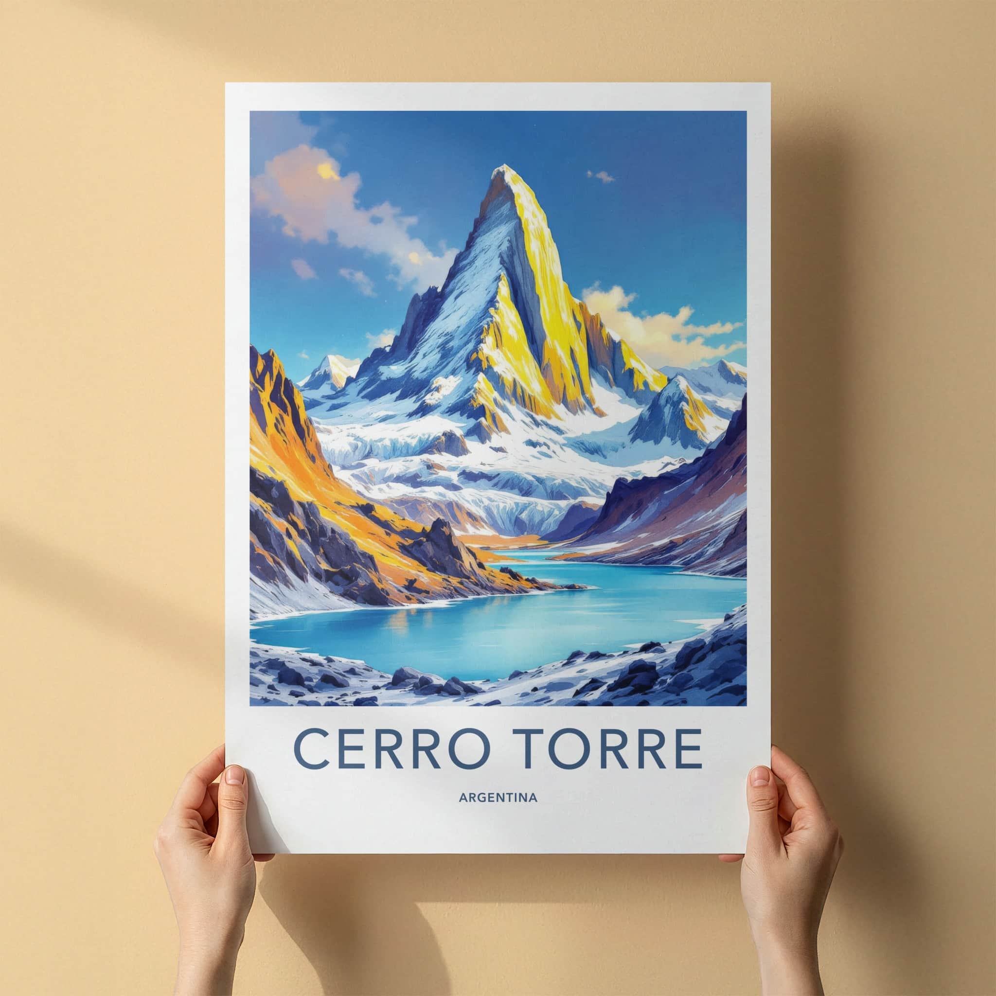 Cerro Torre Poster - Argentina Travel Art - Golden Peak Blue Lake Home Decor