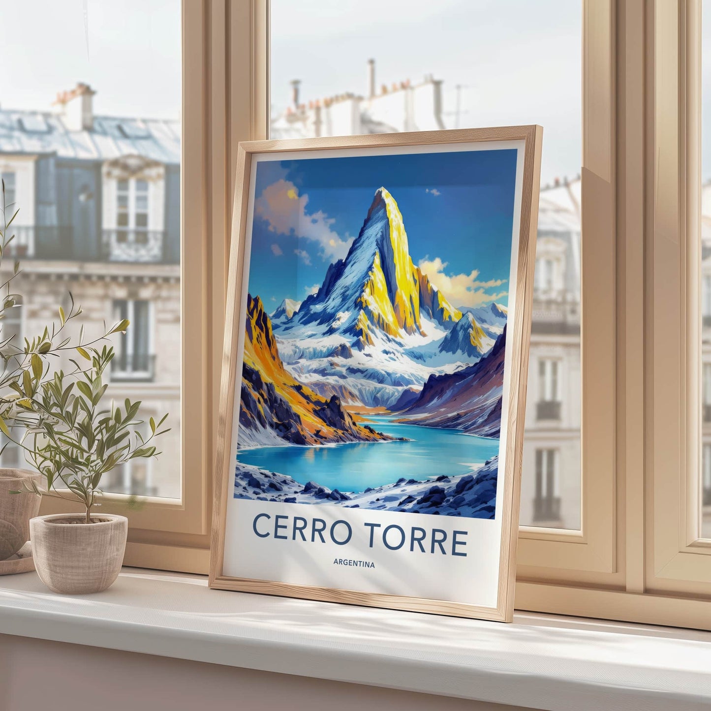 Cerro Torre Poster - Argentina Travel Art - Golden Peak Blue Lake Home Decor