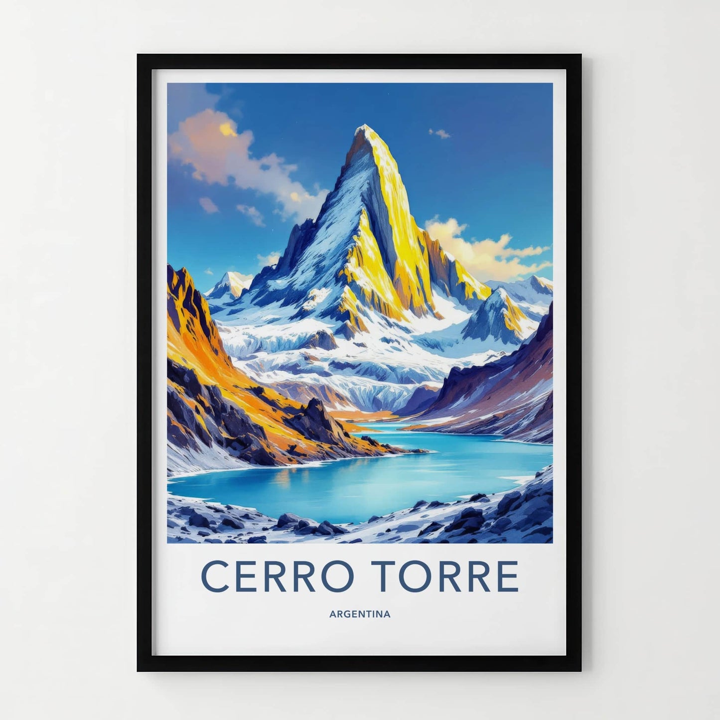 Cerro Torre Poster - Argentina Travel Art - Golden Peak Blue Lake Home Decor