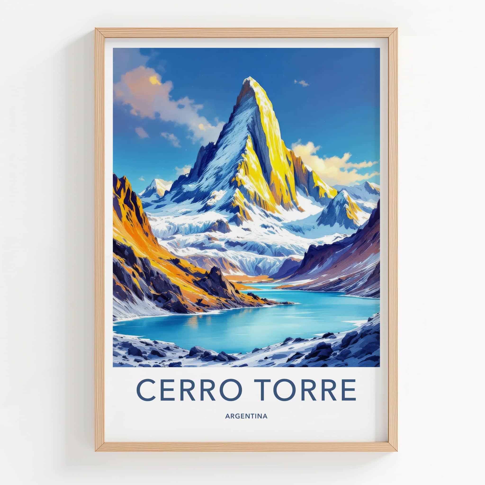 Cerro Torre Poster - Argentina Travel Art - Golden Peak Blue Lake Home Decor