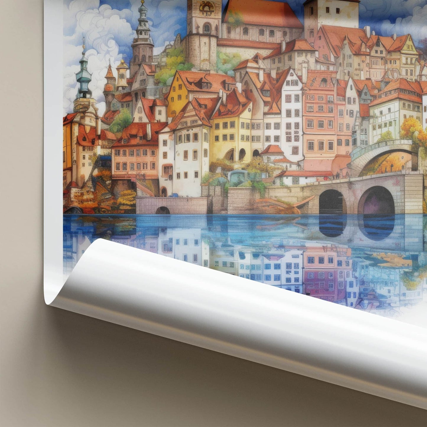Cesky Krumlov Poster - Czech Republic Travel Art - Reflected Old Town Home Decor