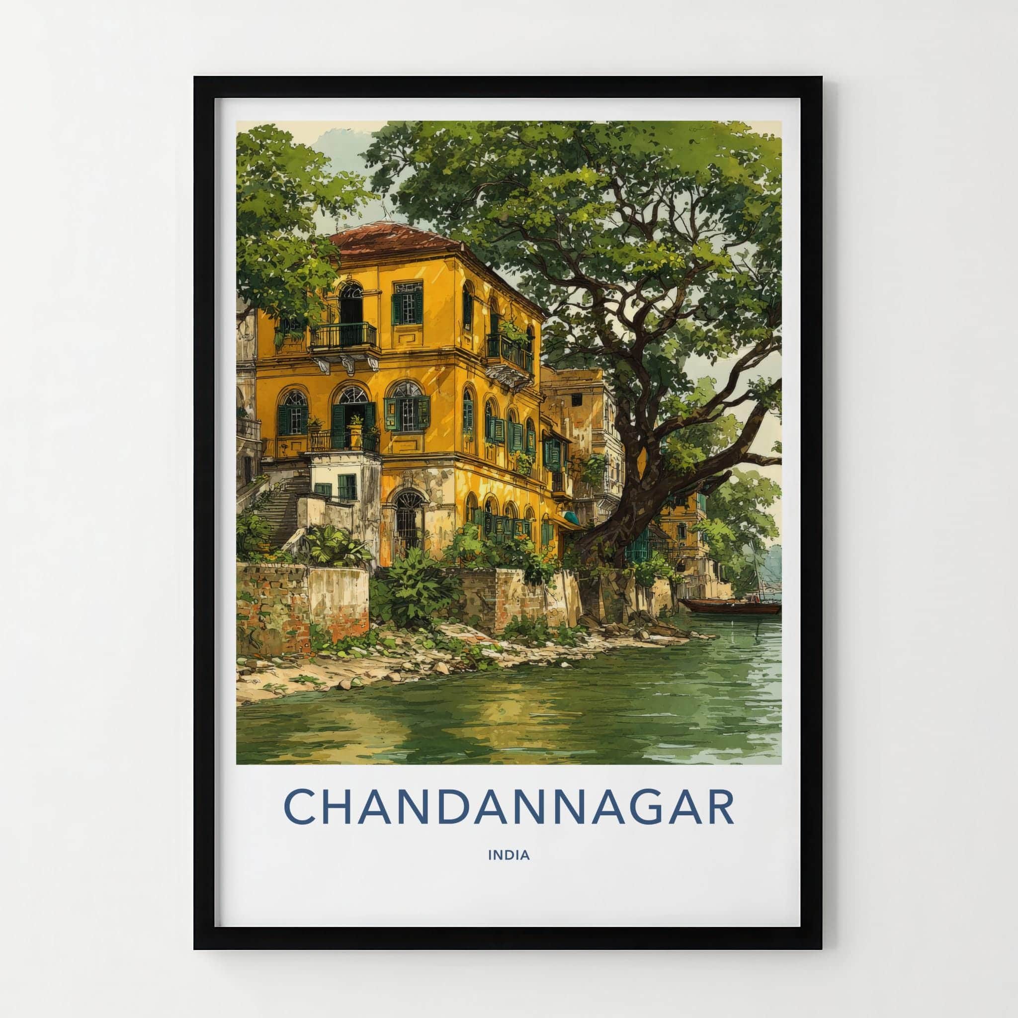 Chandannagar Poster - India Travel Print - West Bengal Yellow colonial river Wall Decor
