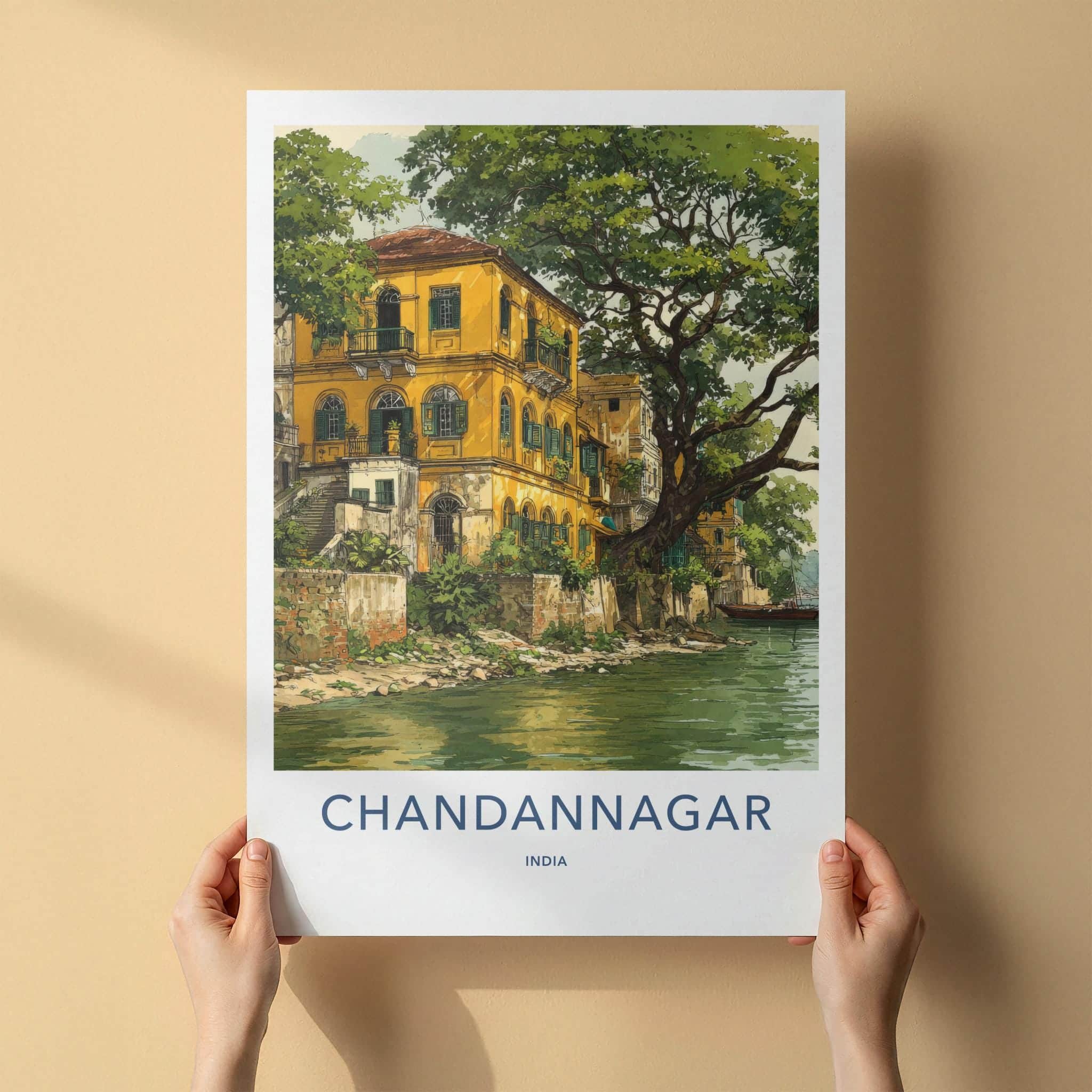 Chandannagar Poster - India Travel Print - West Bengal Yellow colonial river Wall Decor