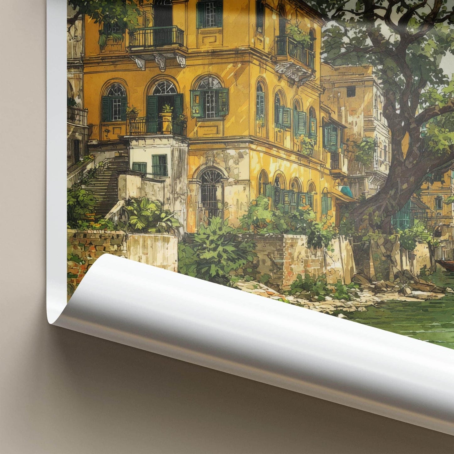 Chandannagar Poster - India Travel Print - West Bengal Yellow colonial river Wall Decor