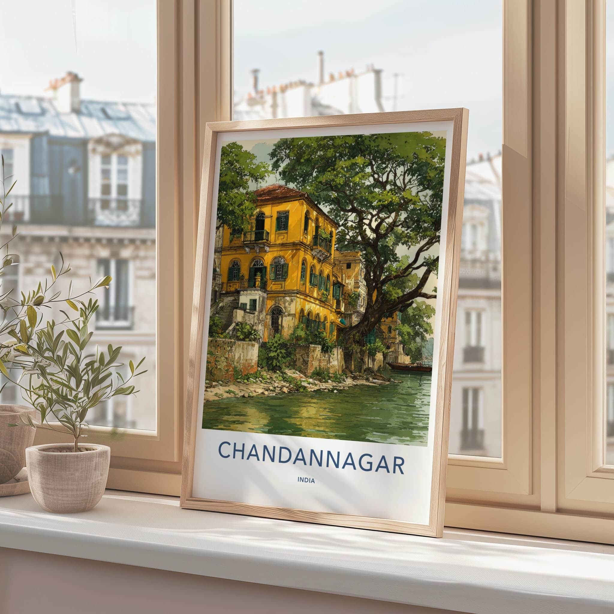Chandannagar Poster - India Travel Print - West Bengal Yellow colonial river Wall Decor