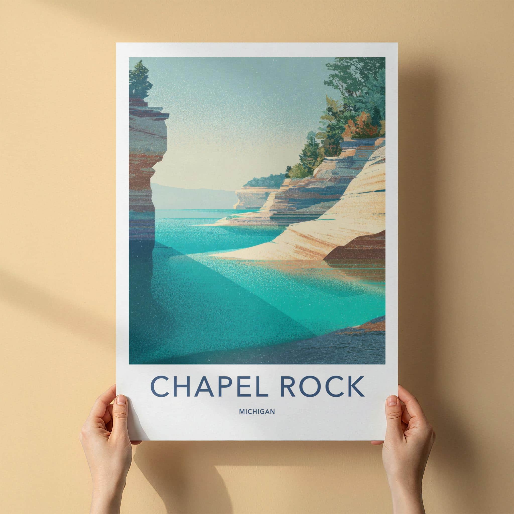 Chapel Rock Poster - Michigan Scenic Art - Layered Cliffs Shore Room Decor