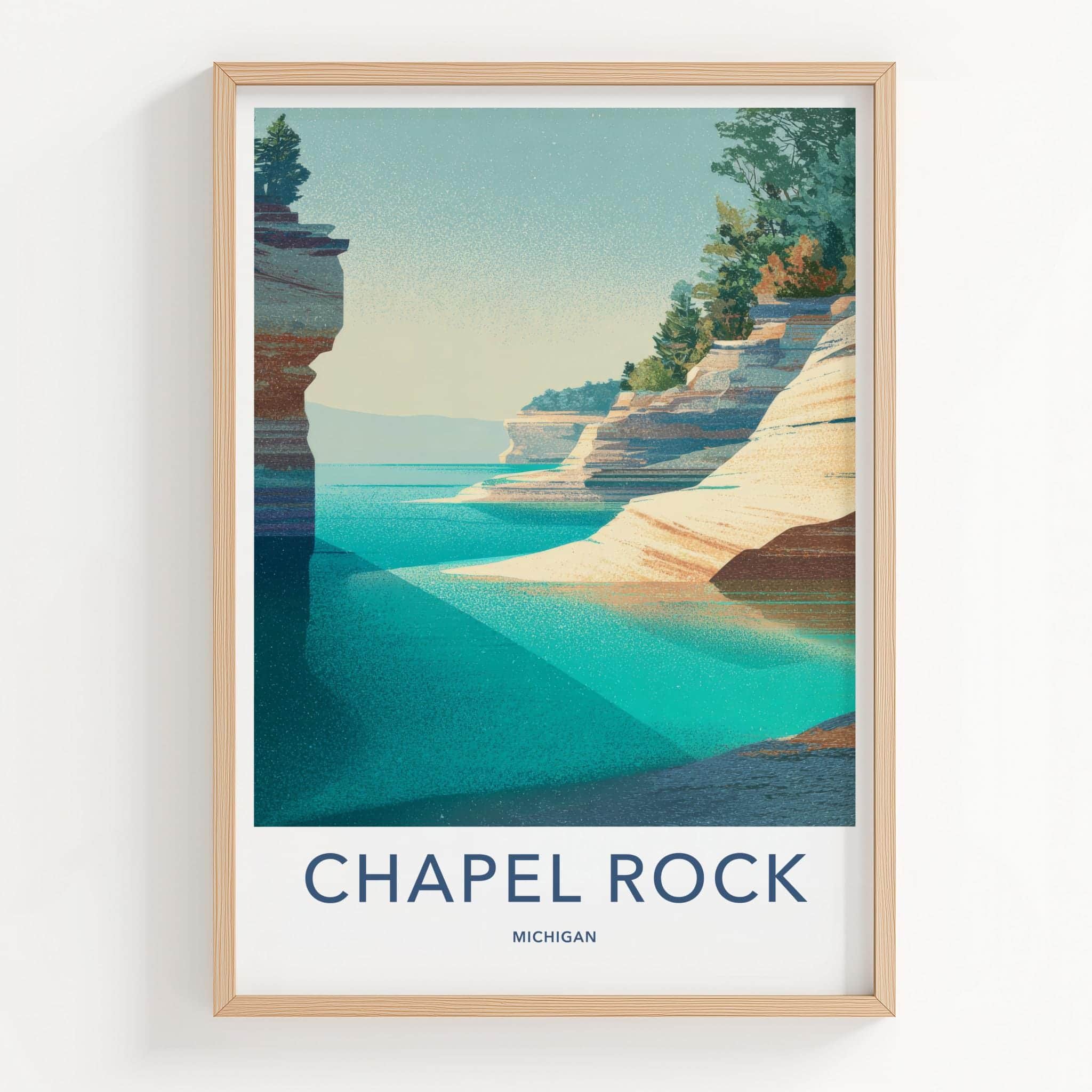 Chapel Rock Poster - Michigan Scenic Art - Layered Cliffs Shore Room Decor