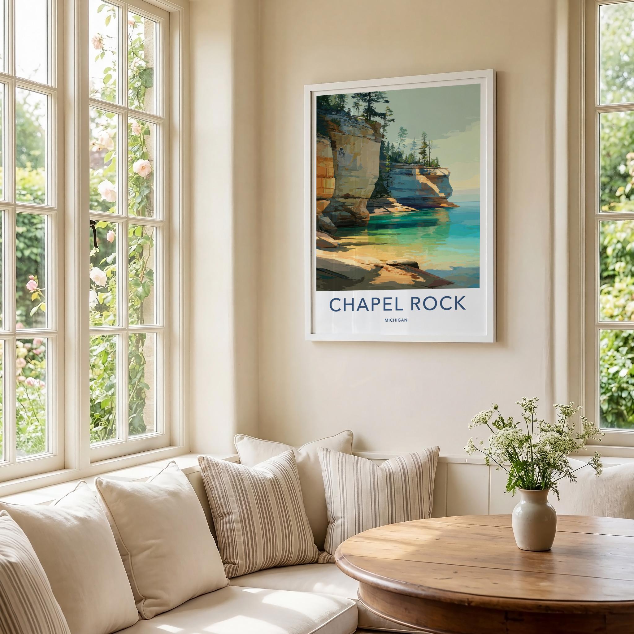 Chapel Rock Poster - Michigan Travel Art - Pine Tree Cliffs Wall Decor