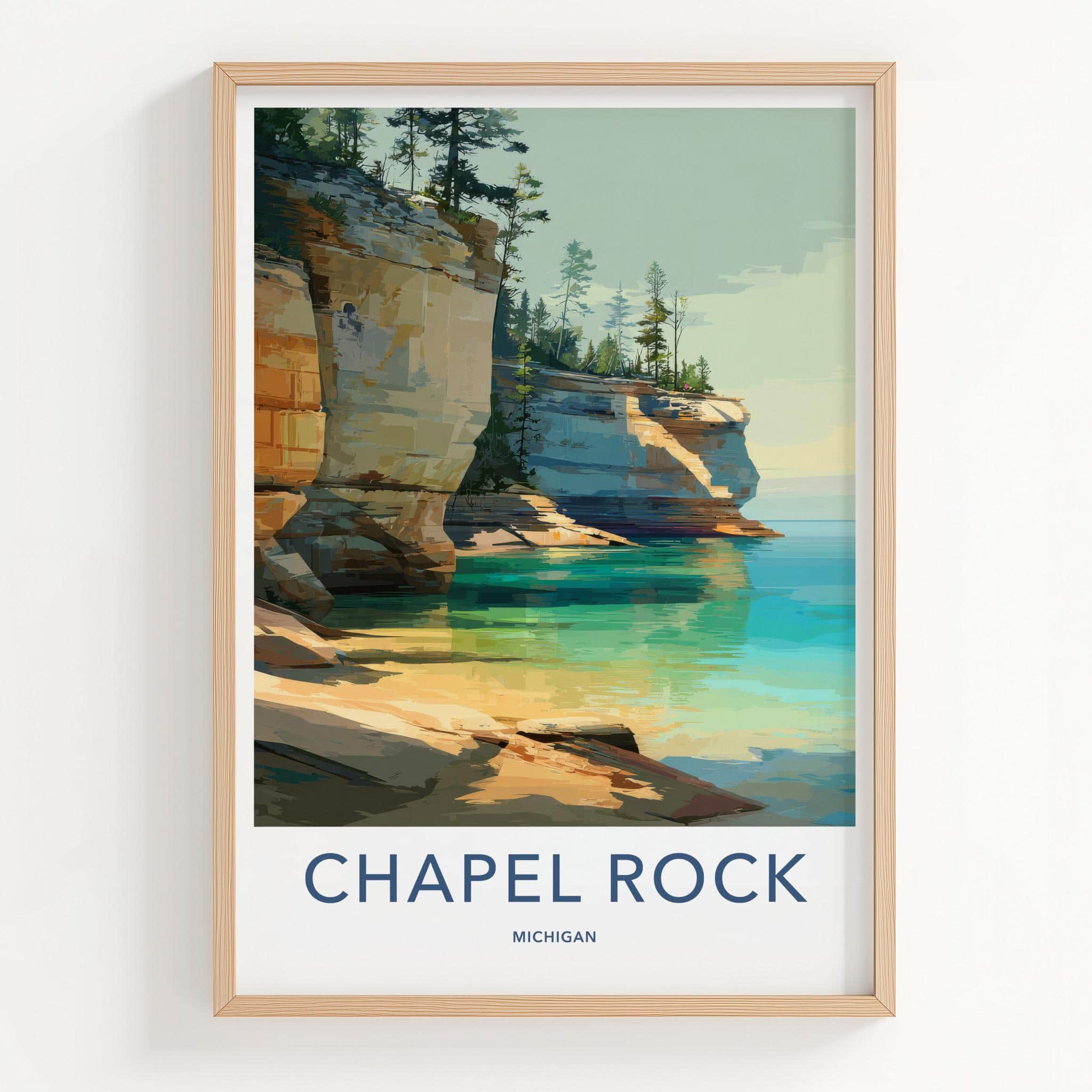 Chapel Rock Poster - Michigan Travel Art - Pine Tree Cliffs Wall Decor