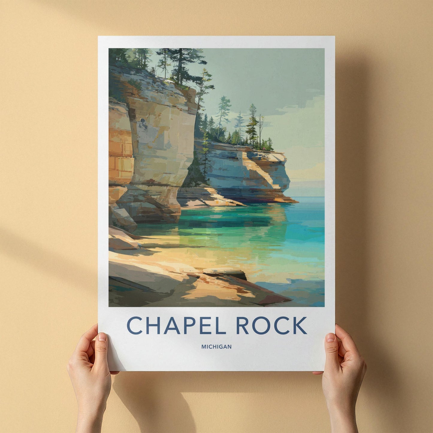 Chapel Rock Poster - Michigan Travel Art - Pine Tree Cliffs Wall Decor