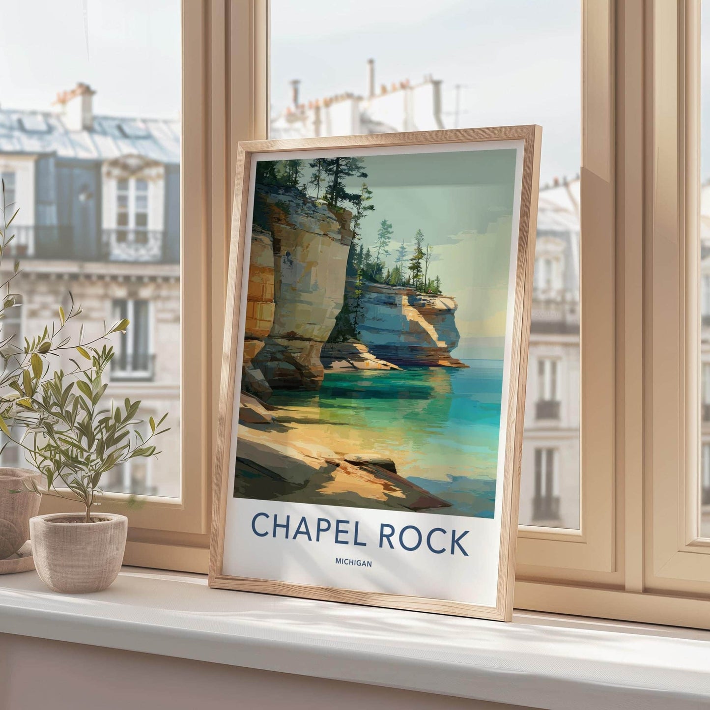 Chapel Rock Poster - Michigan Travel Art - Pine Tree Cliffs Wall Decor