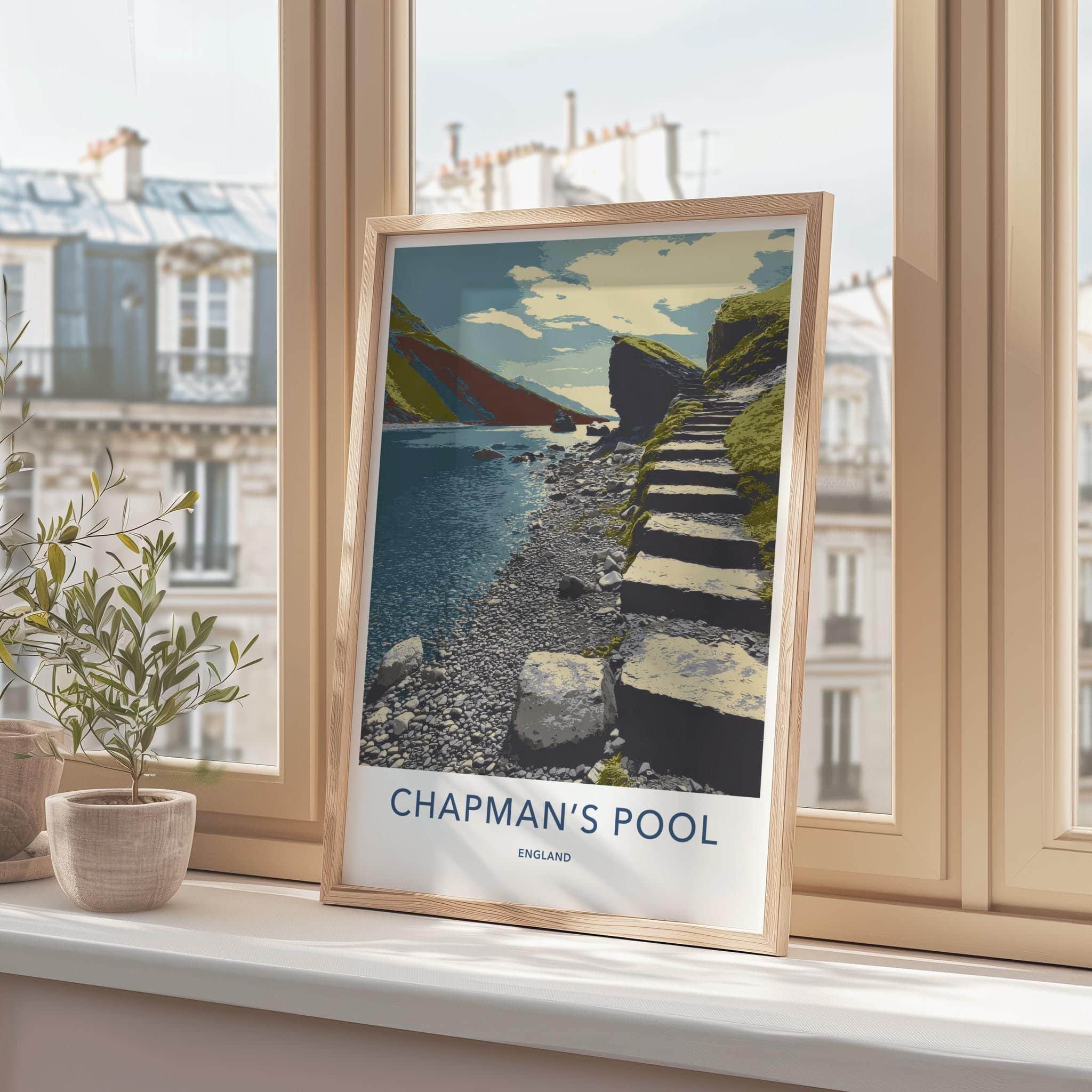 Chapman's Pool Poster - England Travel Art - Stone Steps Lake Wall Decor