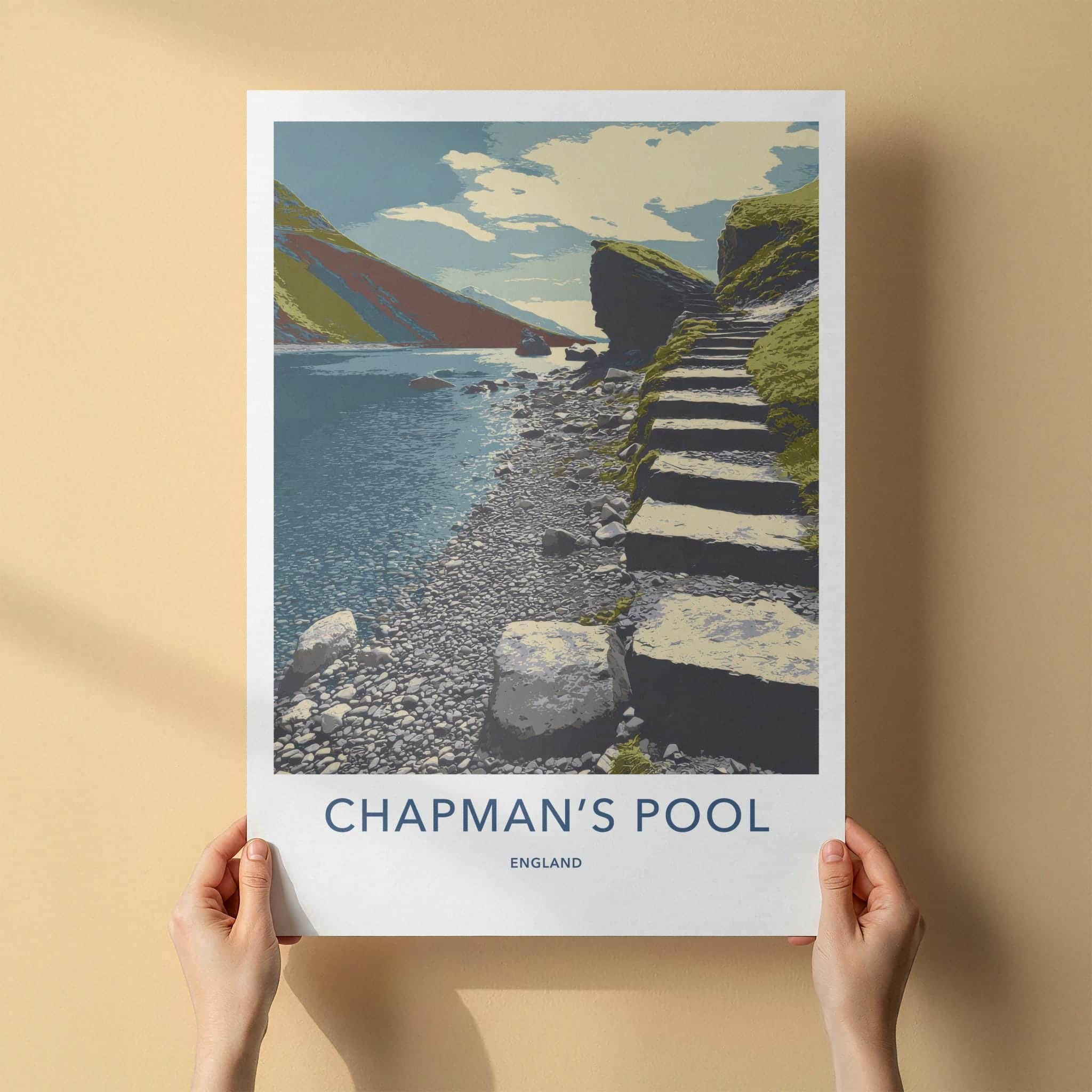 Chapman's Pool Poster - England Travel Art - Stone Steps Lake Wall Decor