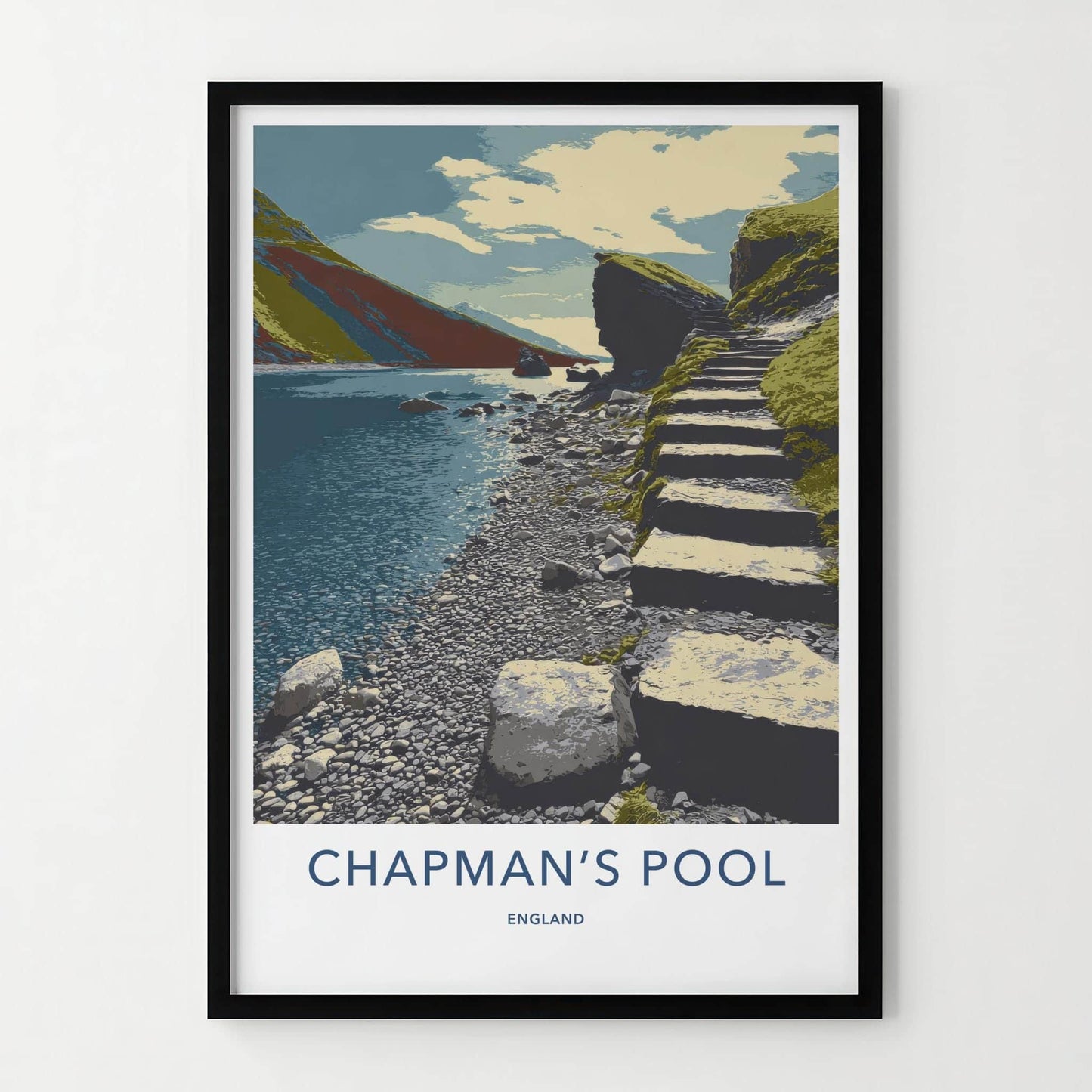 Chapman's Pool Poster - England Travel Art - Stone Steps Lake Wall Decor