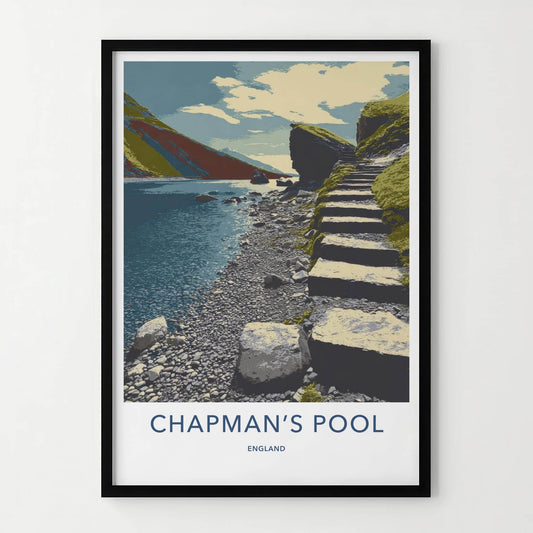 Chapman's Pool Poster - England Travel Art - Stone Steps Lake Wall Decor