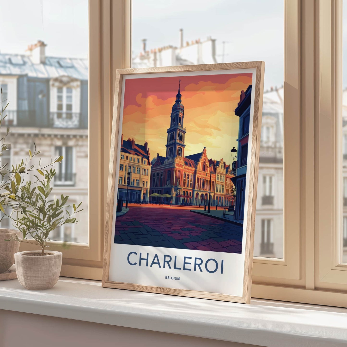 Charleroi Poster - Belgium Travel Art - Bell Tower Square Home Decor