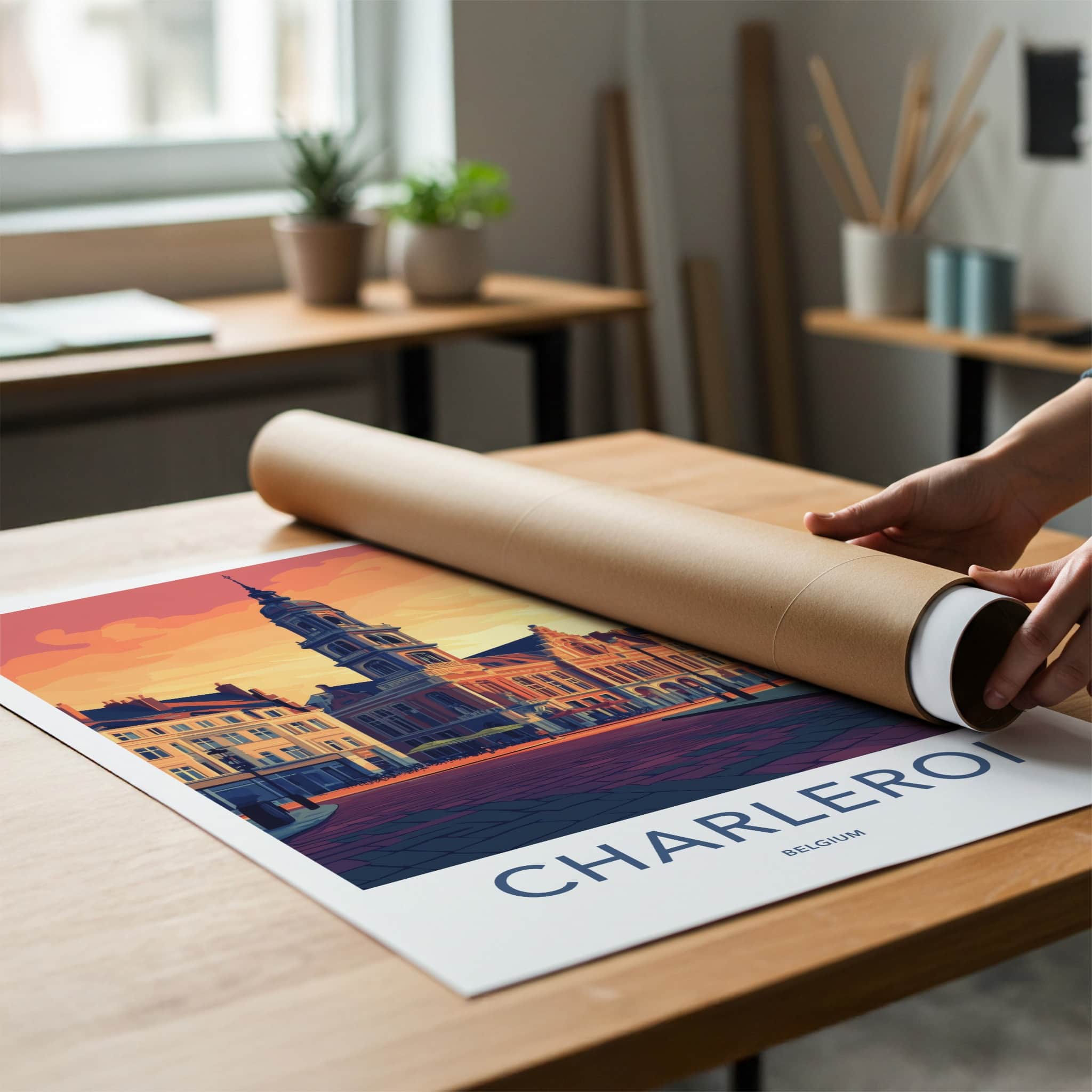 Charleroi Poster - Belgium Travel Art - Bell Tower Square Home Decor