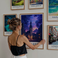 Charleroi Poster - Belgium Travel Art - Illuminated Clock Tower Home Decor