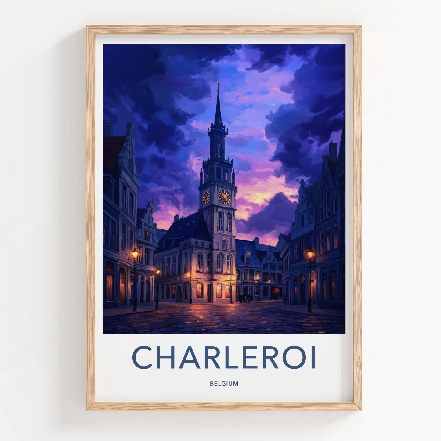 Charleroi Poster - Belgium Travel Art - Illuminated Clock Tower Home Decor