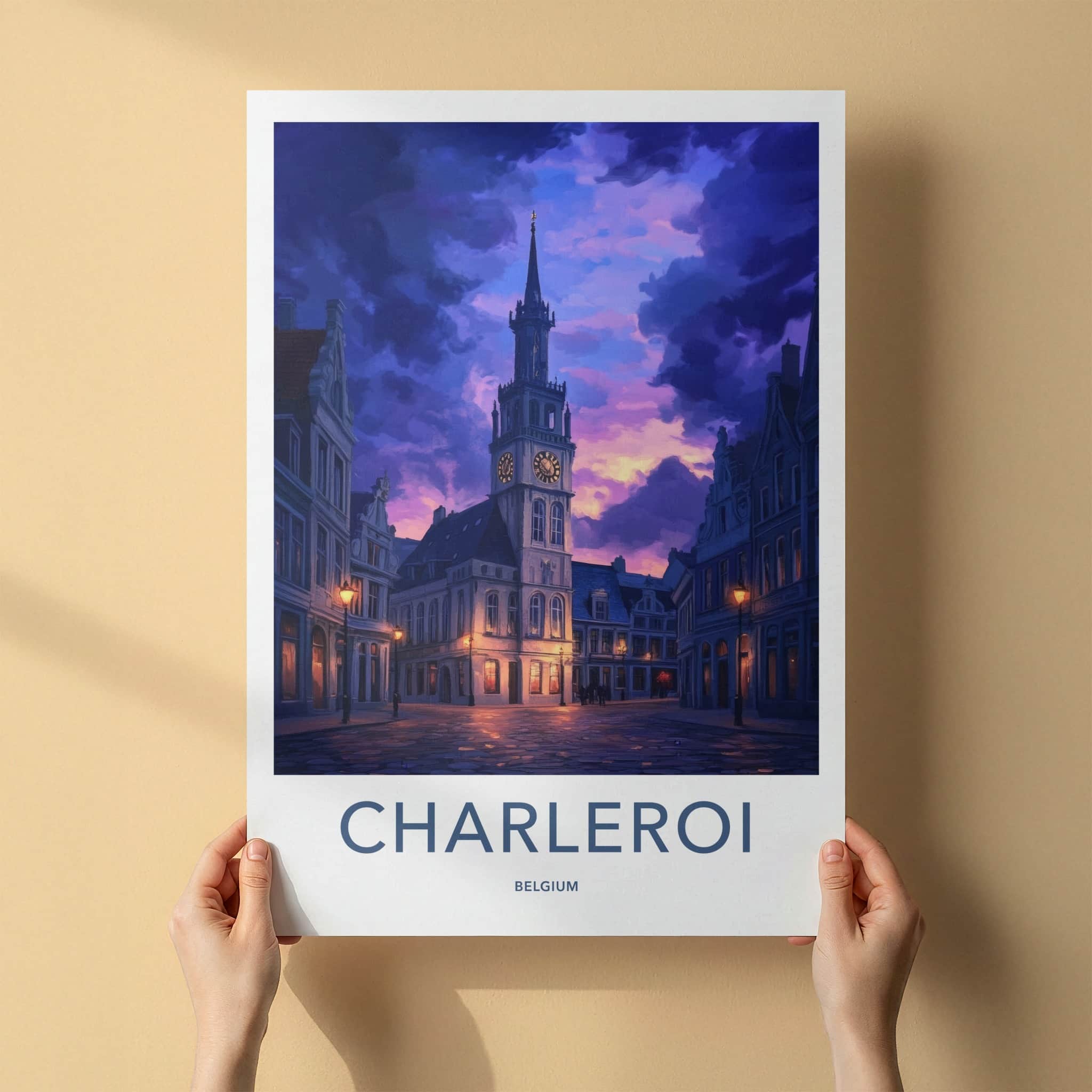 Charleroi Poster - Belgium Travel Art - Illuminated Clock Tower Home Decor