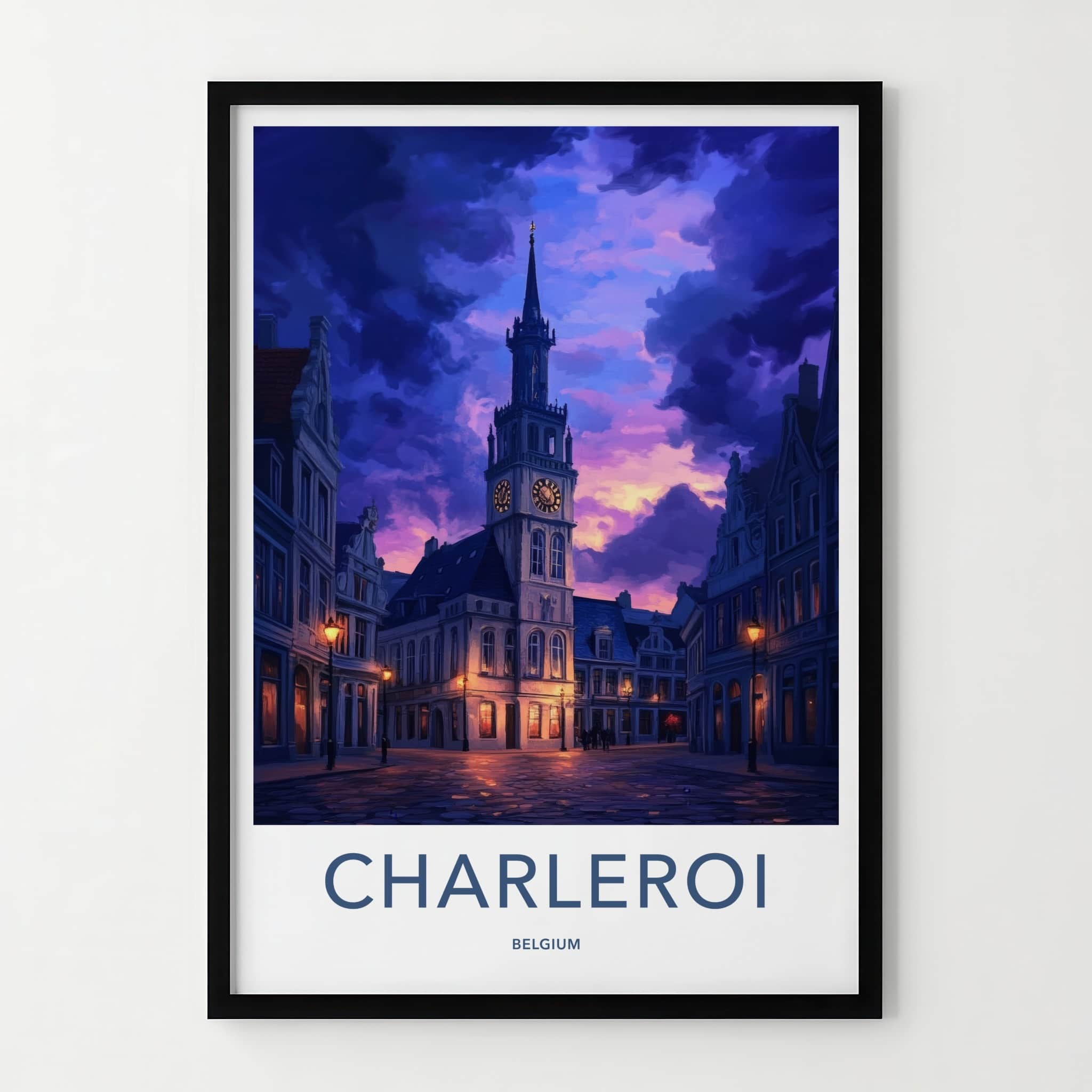 Charleroi Poster - Belgium Travel Art - Illuminated Clock Tower Home Decor