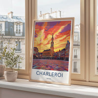 Charleroi Poster - Belgium Travel Art - Sunset Clock Tower Home Decor