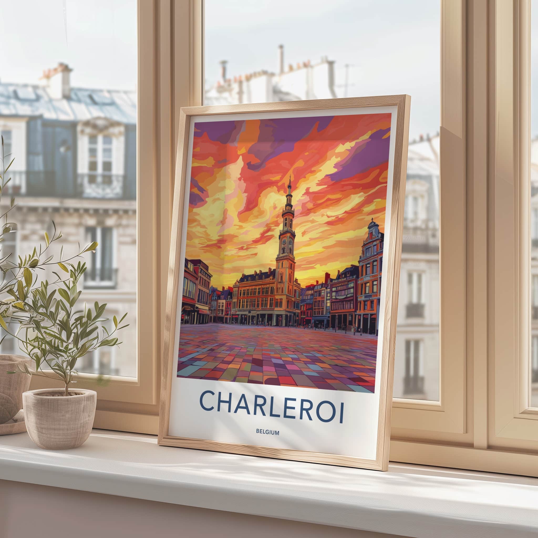 Charleroi Poster - Belgium Travel Art - Sunset Clock Tower Home Decor