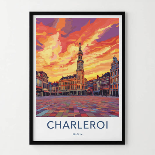 Charleroi Poster - Belgium Travel Art - Sunset Clock Tower Home Decor
