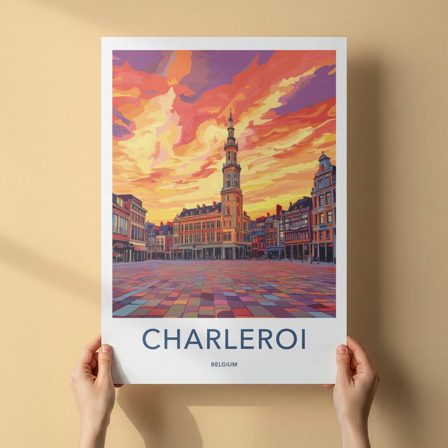 Charleroi Poster - Belgium Travel Art - Sunset Clock Tower Home Decor