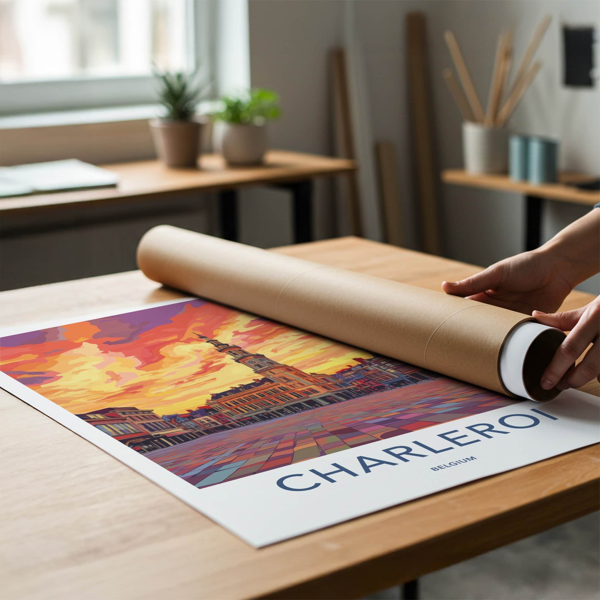 Charleroi Poster - Belgium Travel Art - Sunset Clock Tower Home Decor
