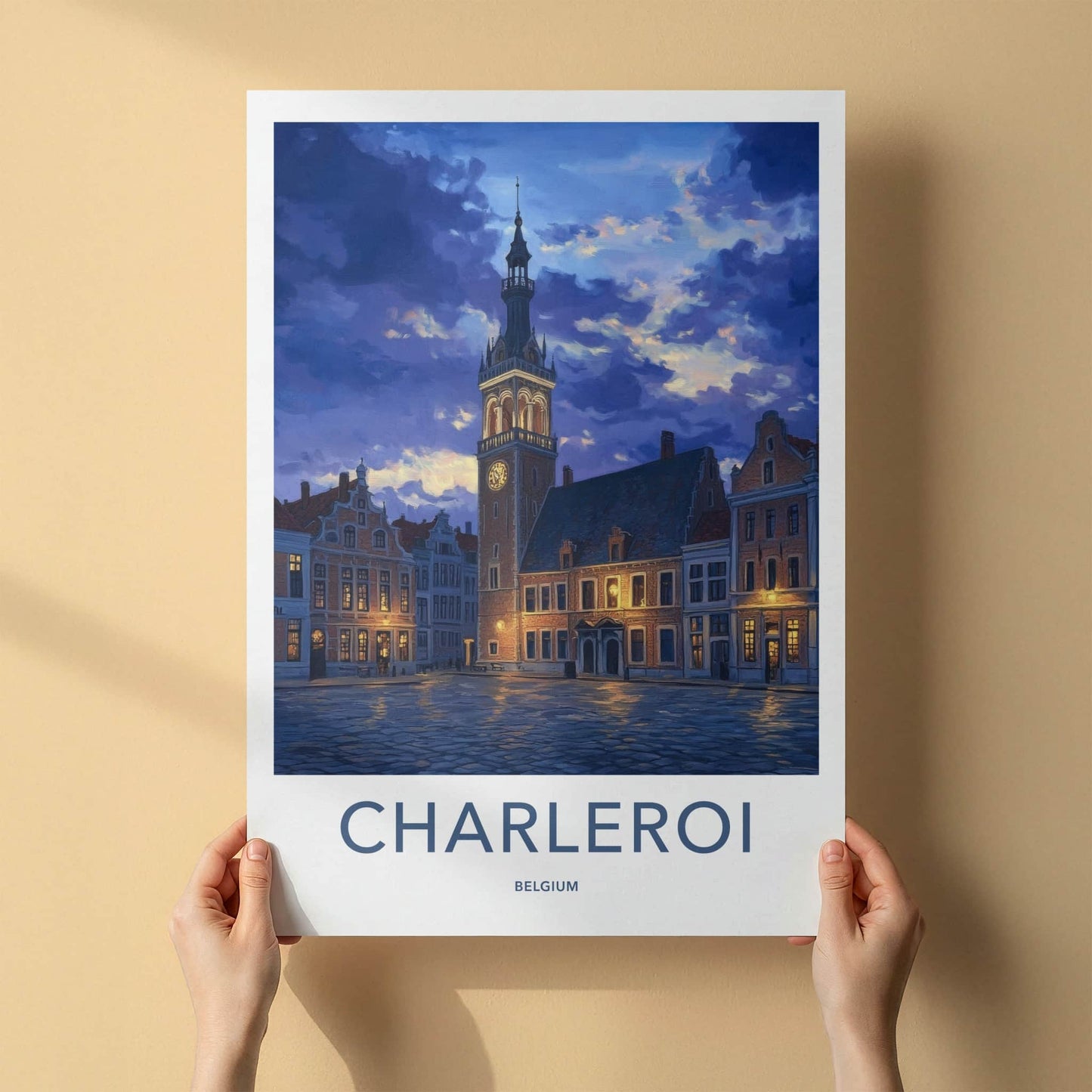 Charleroi Poster - Belgium Travel Art - Twilight Square Tower Home Decor