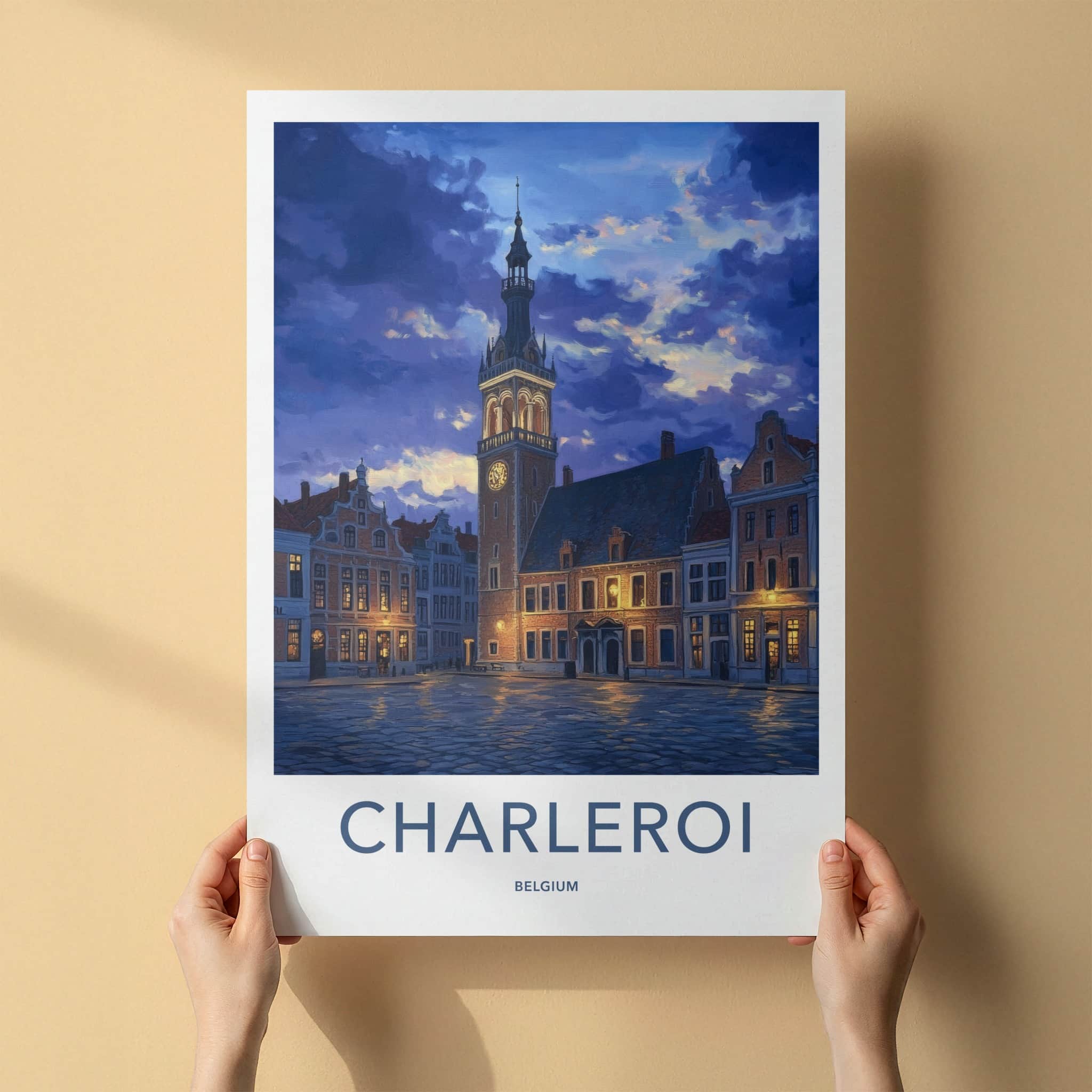 Charleroi Poster - Belgium Travel Art - Twilight Square Tower Home Decor