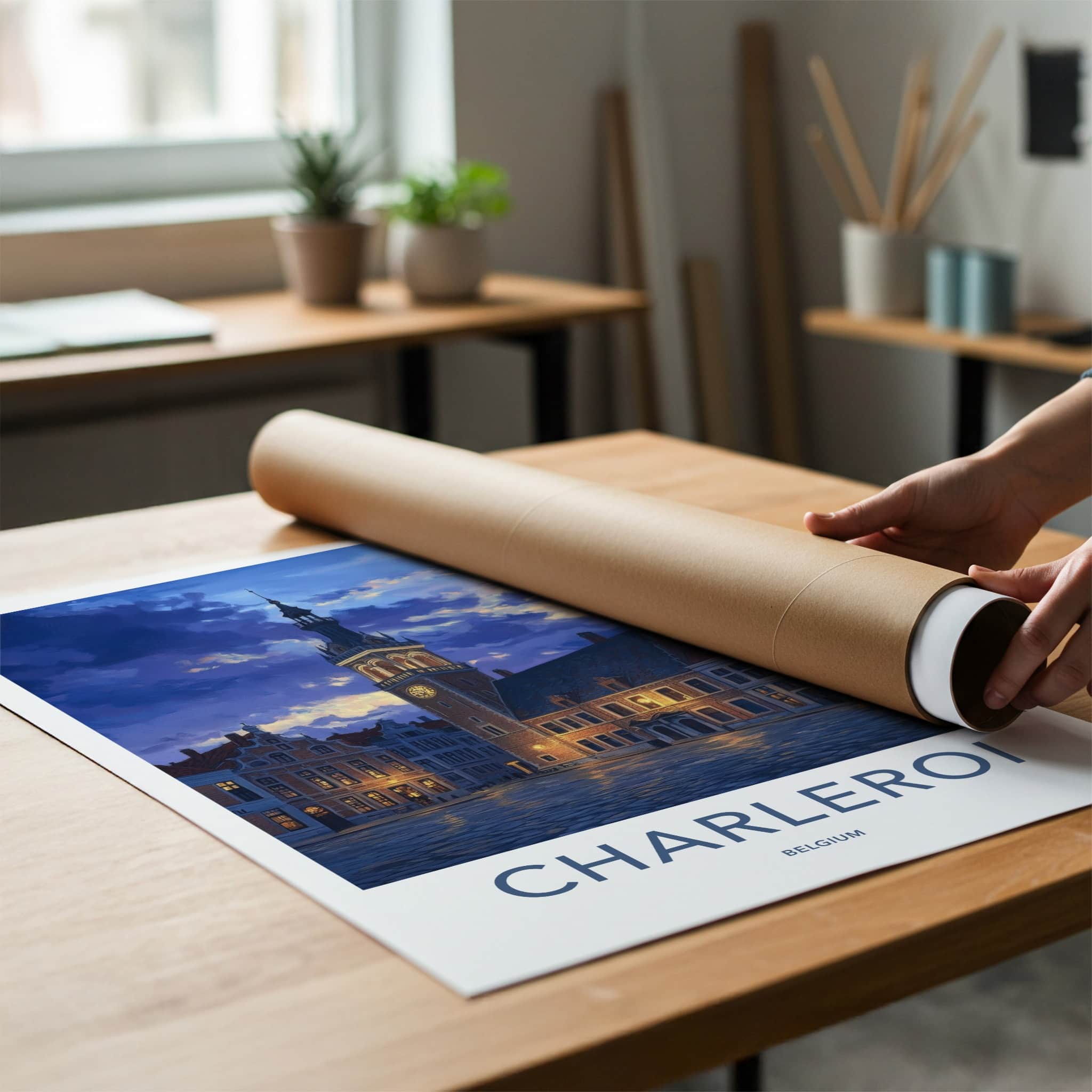 Charleroi Poster - Belgium Travel Art - Twilight Square Tower Home Decor