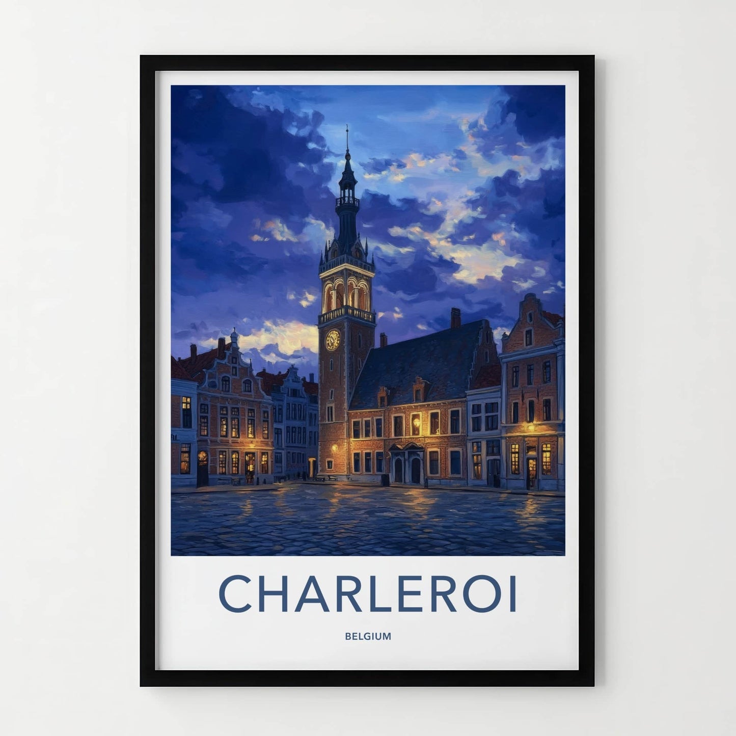Charleroi Poster - Belgium Travel Art - Twilight Square Tower Home Decor