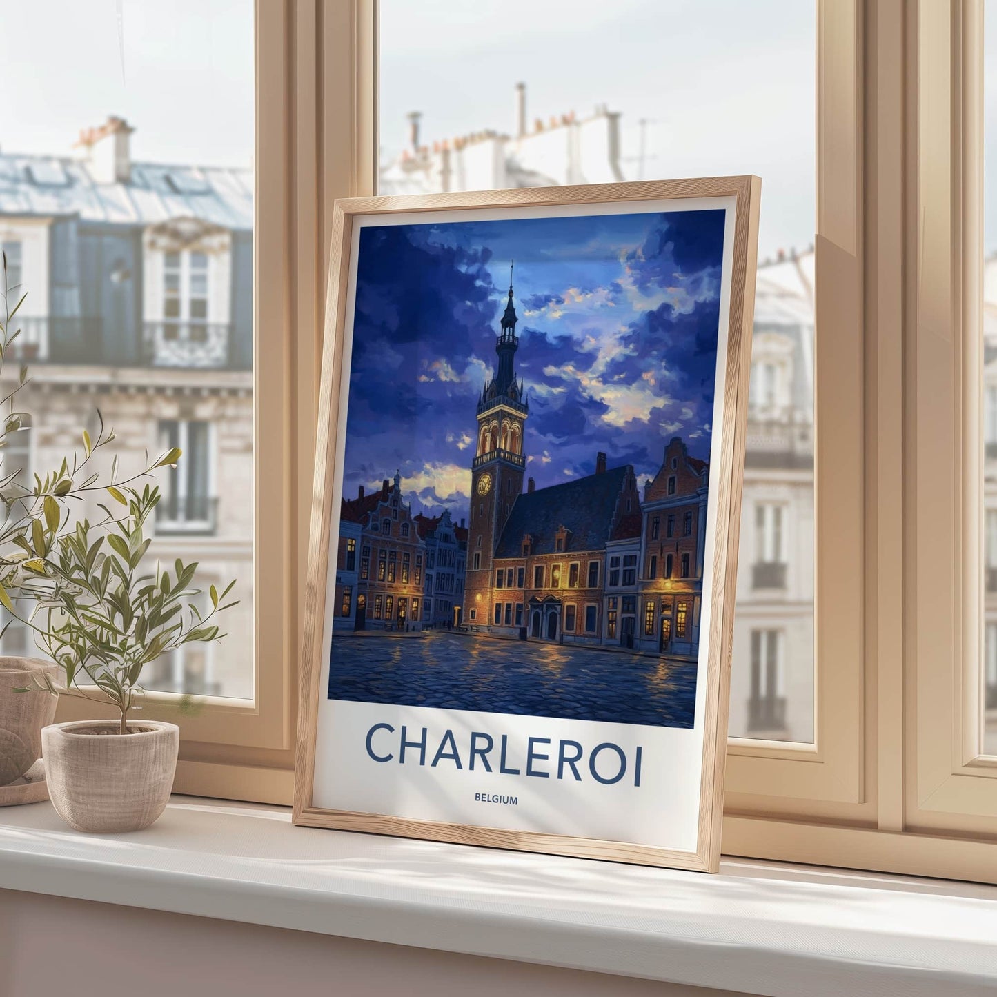 Charleroi Poster - Belgium Travel Art - Twilight Square Tower Home Decor