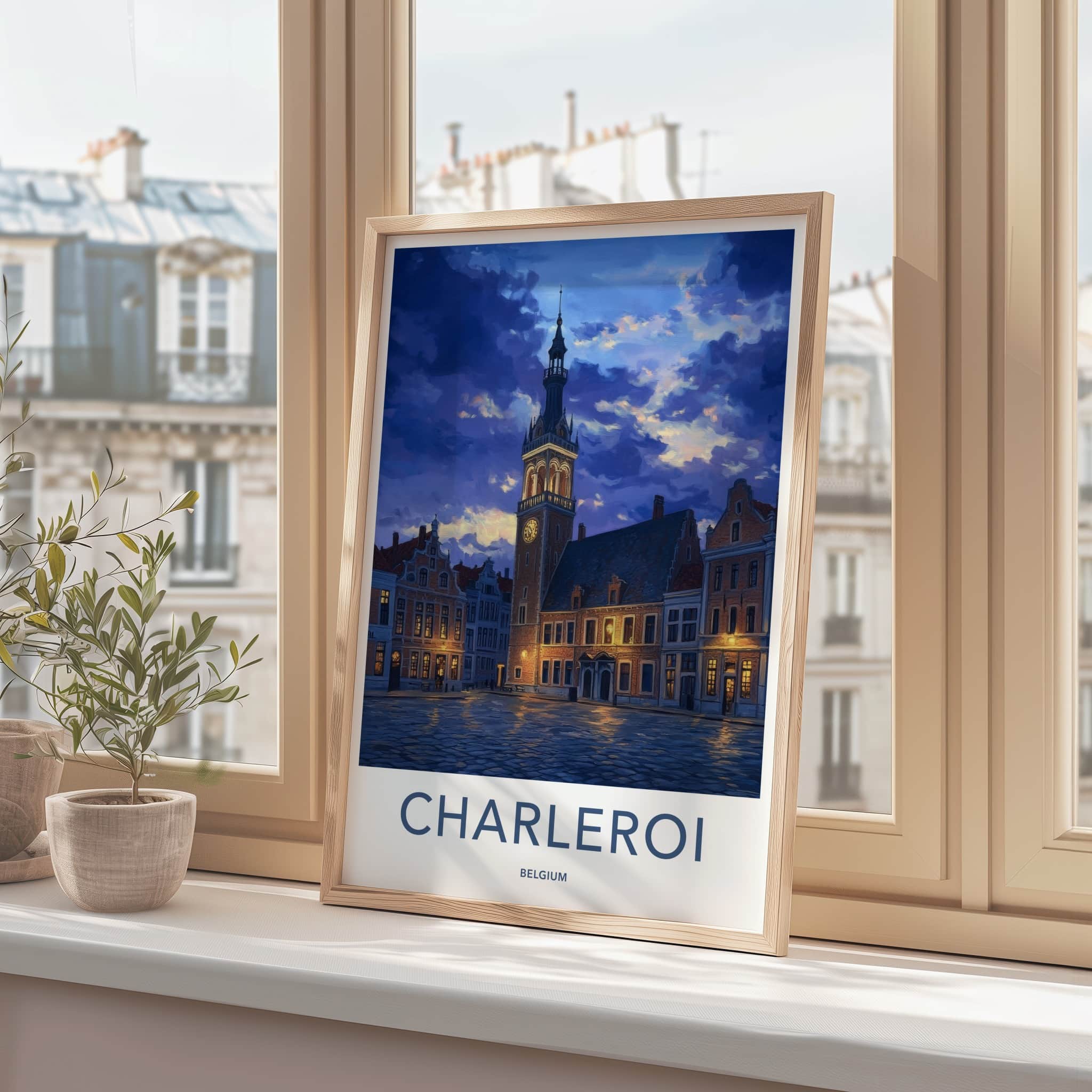 Charleroi Poster - Belgium Travel Art - Twilight Square Tower Home Decor