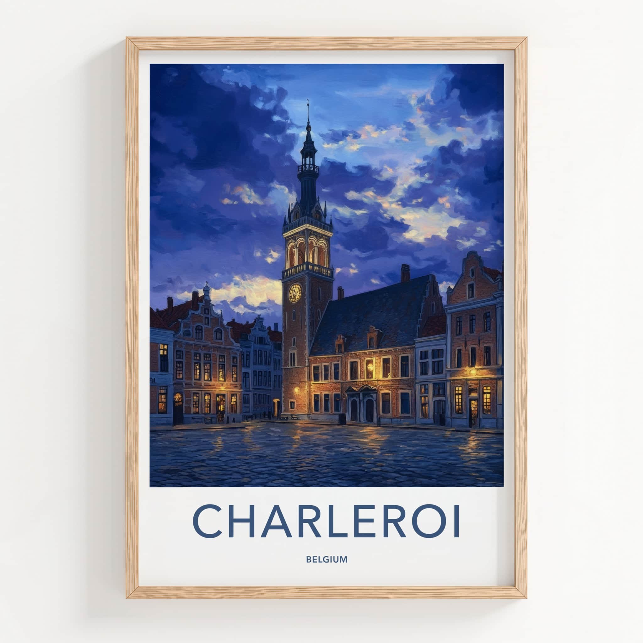 Charleroi Poster - Belgium Travel Art - Twilight Square Tower Home Decor
