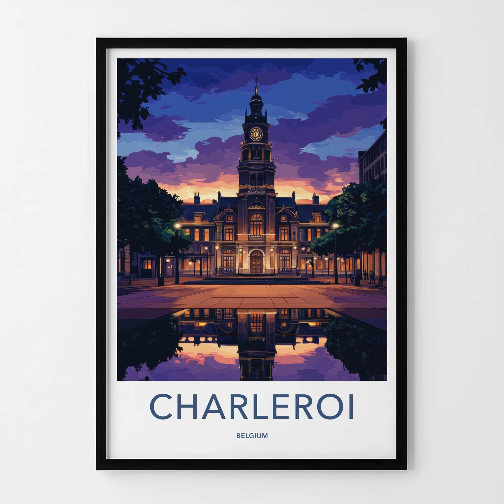 Charleroi Poster - Belgium Wall Art - Dusk Building Reflection Home Decor