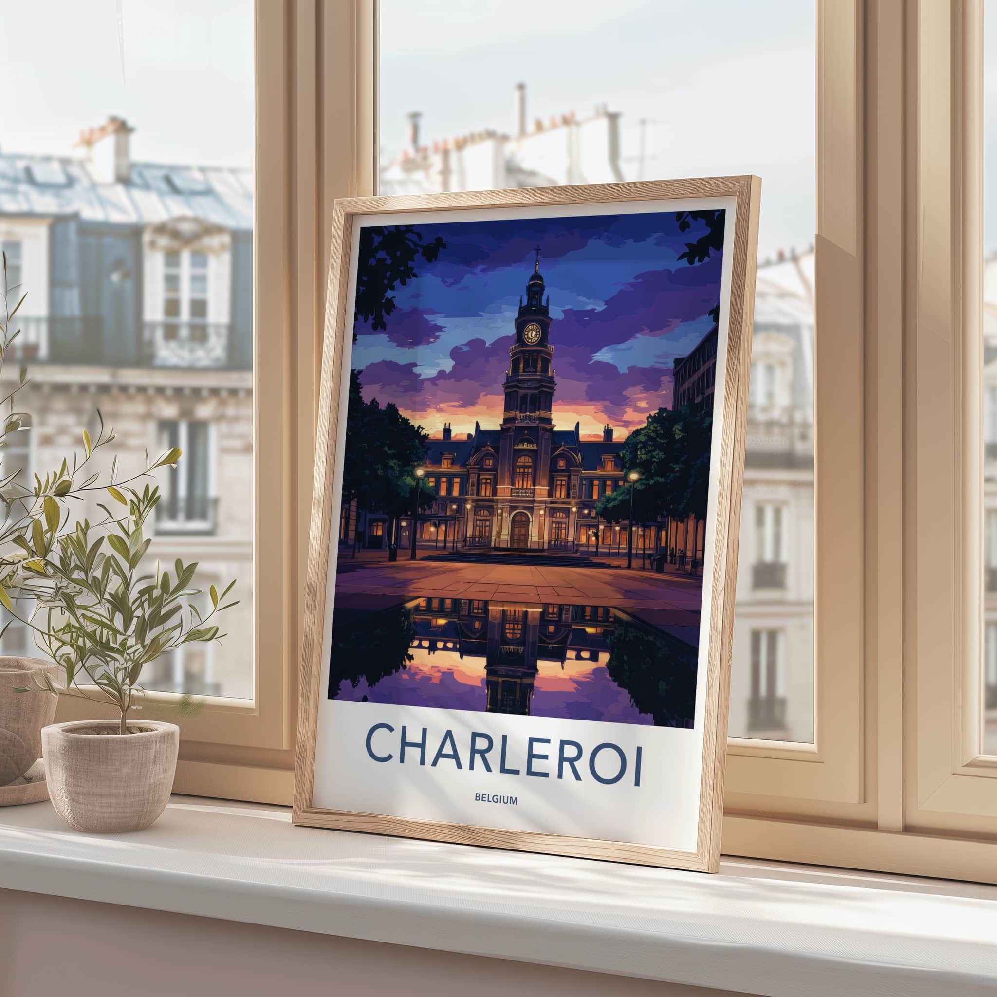 Charleroi Poster - Belgium Wall Art - Dusk Building Reflection Home Decor