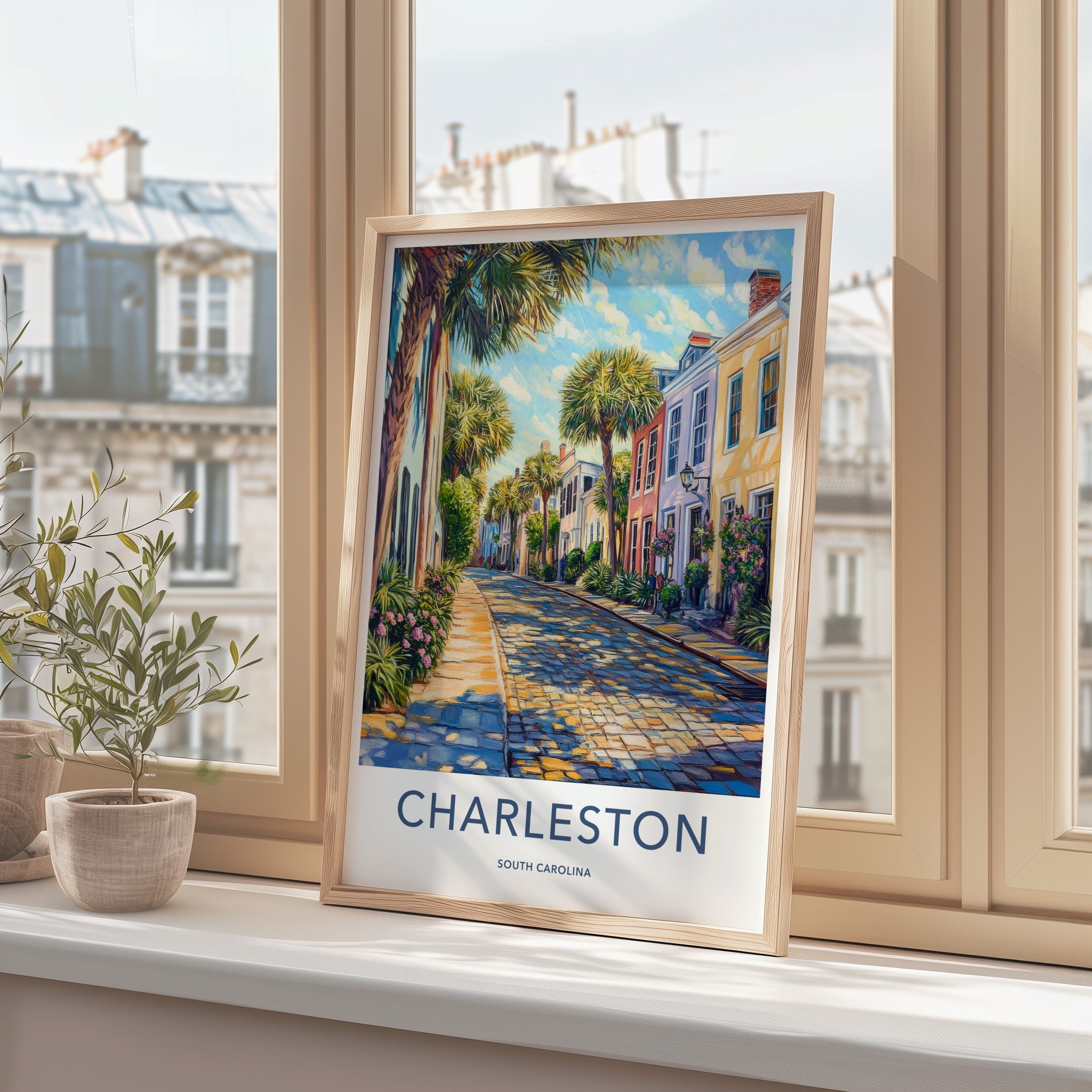 Charleston Poster - South Carolina Art Print - Sunlit Cobblestone Lane Home Decor