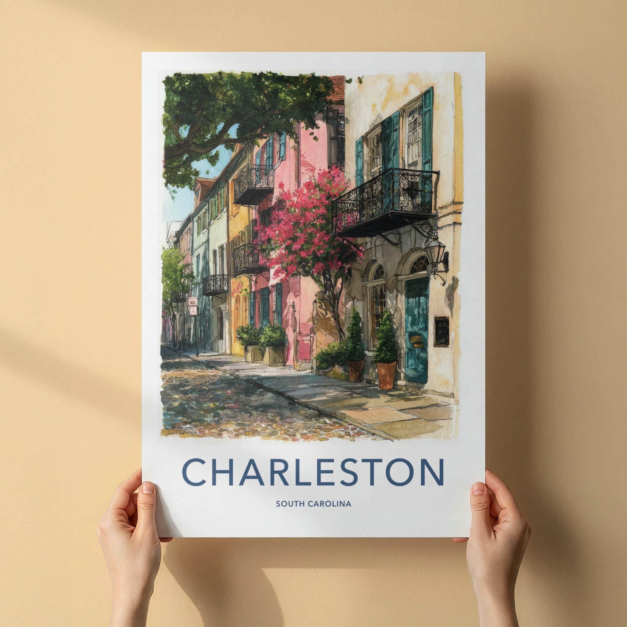 Charleston Poster - South Carolina Travel Art - Colorful Street Scene Wall Decor