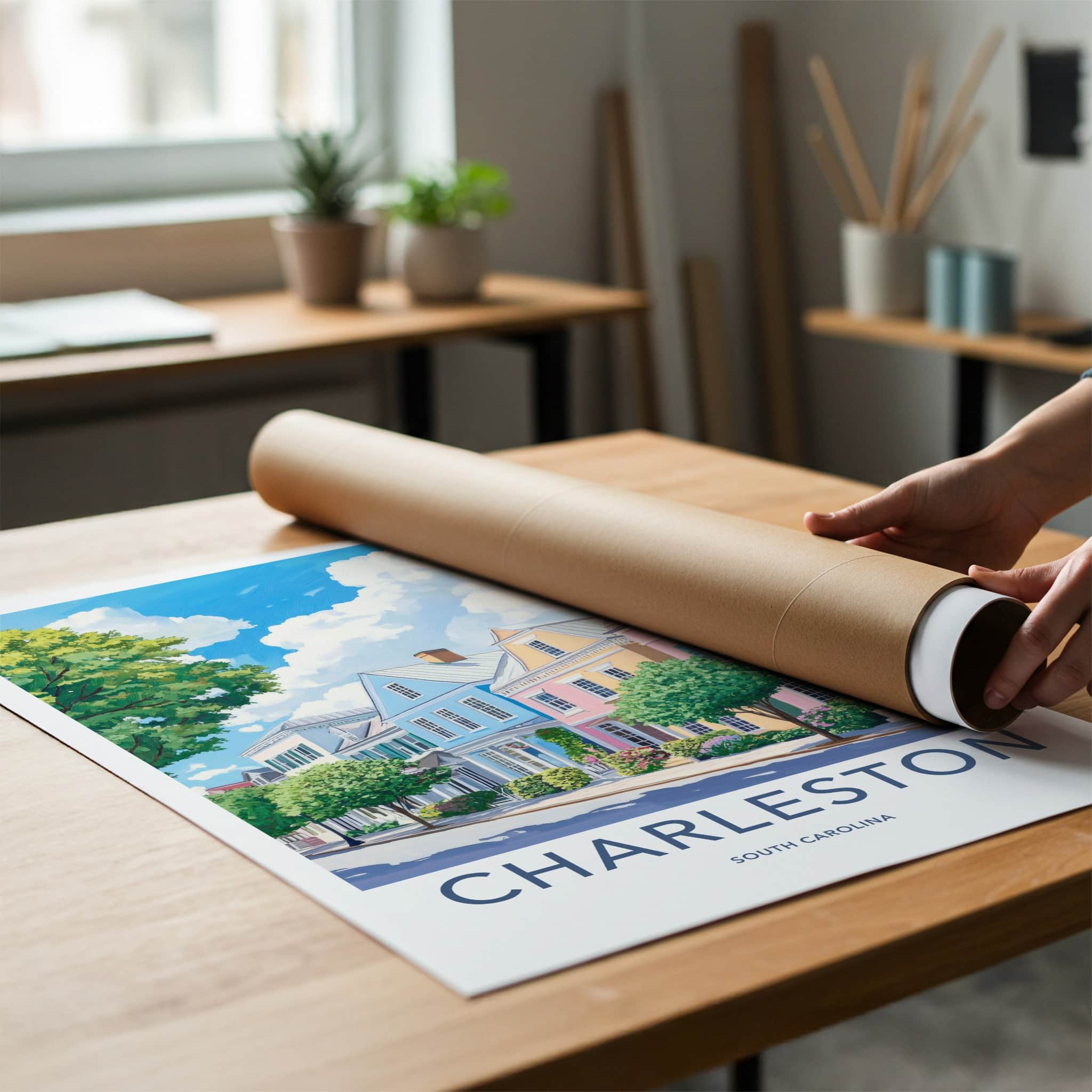 Charleston Poster - South Carolina Travel Art - Historic Rainbow Row Home Decor