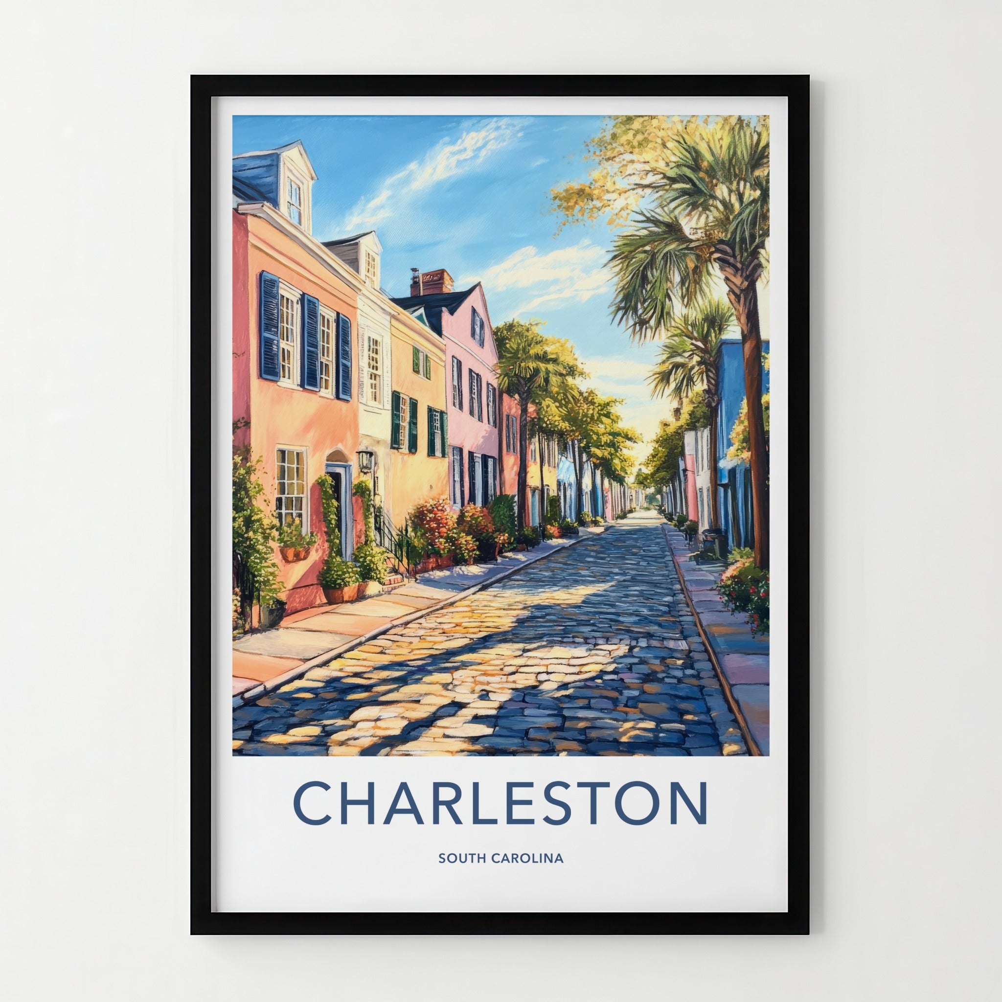 Charleston Poster - South Carolina Travel Art - Sunny Cobblestone Street Home Decor
