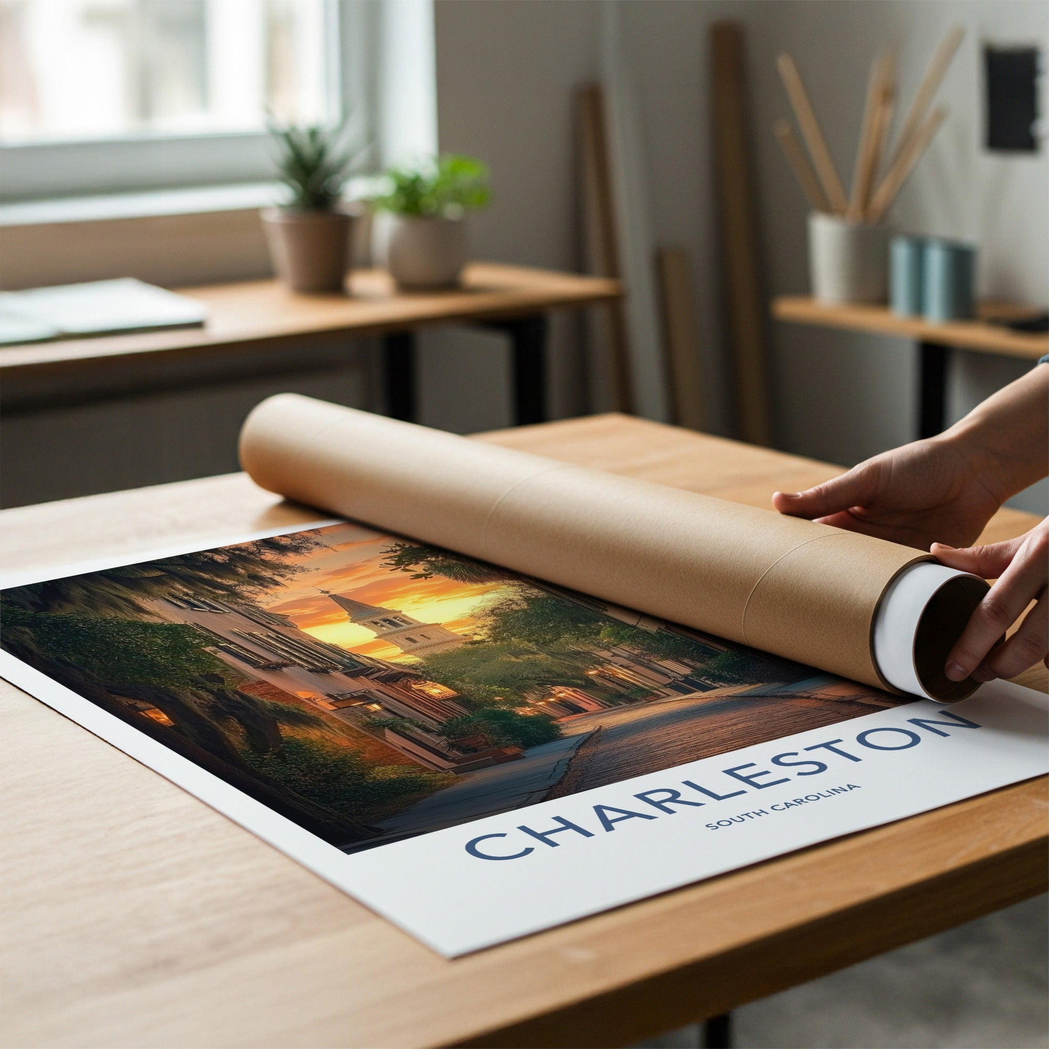 Charleston Poster - South Carolina Travel Art - Sunset Church Tower Home Decor