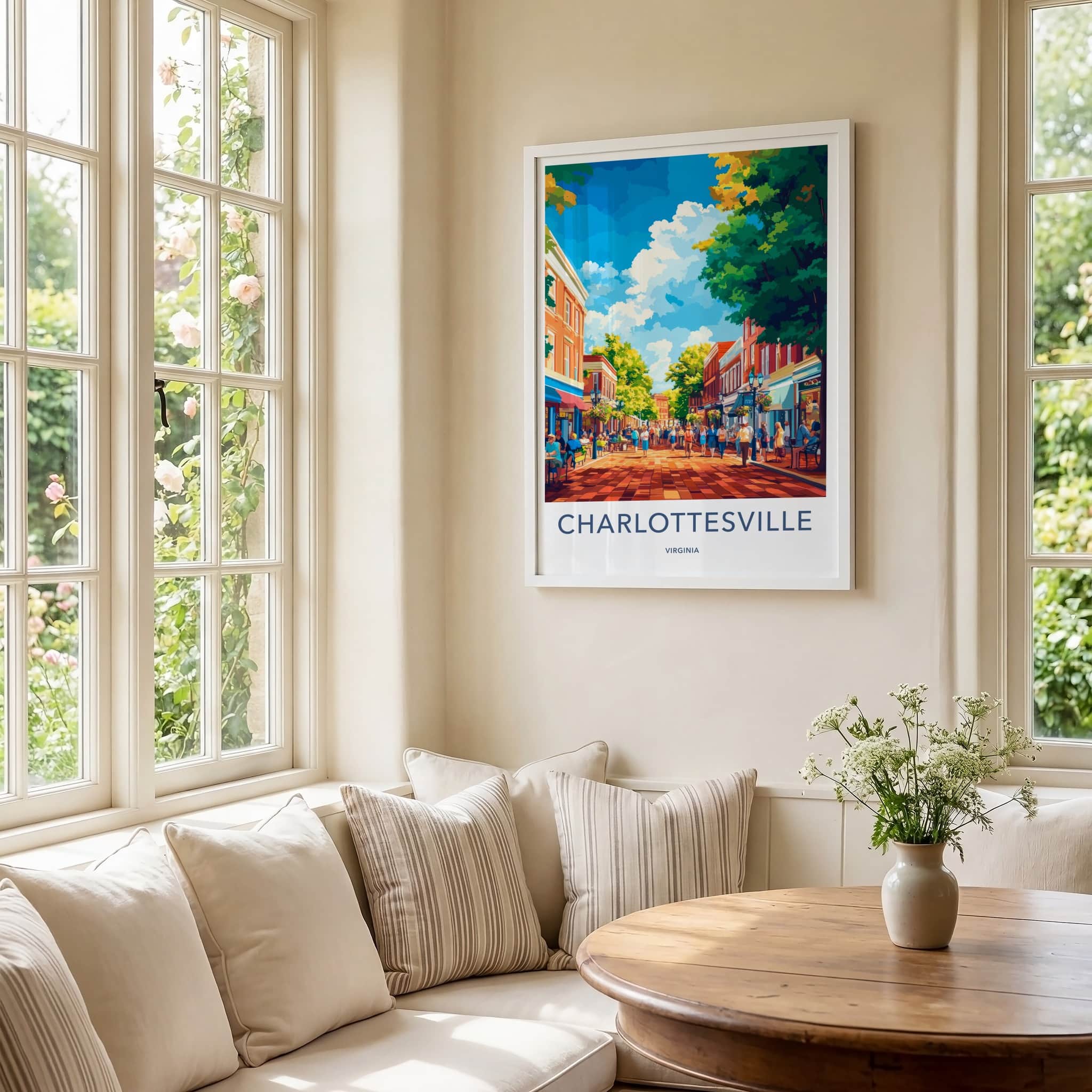 Charlottesville Poster - Virginia Wall Art - Sunny Downtown Street Home Decor