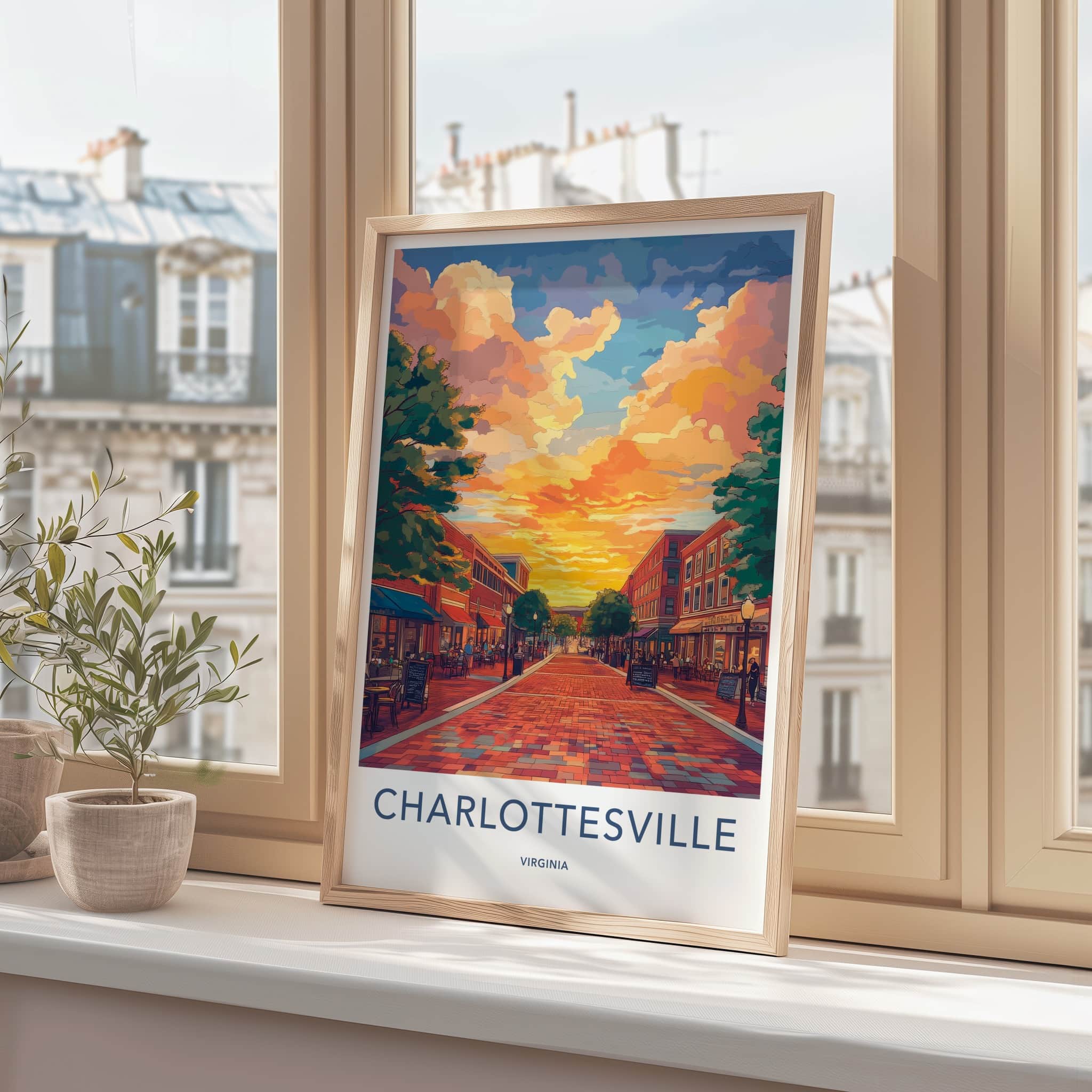 Charlottesville Poster - Virginia Wall Art - Vibrant Street Sunset Home Decor