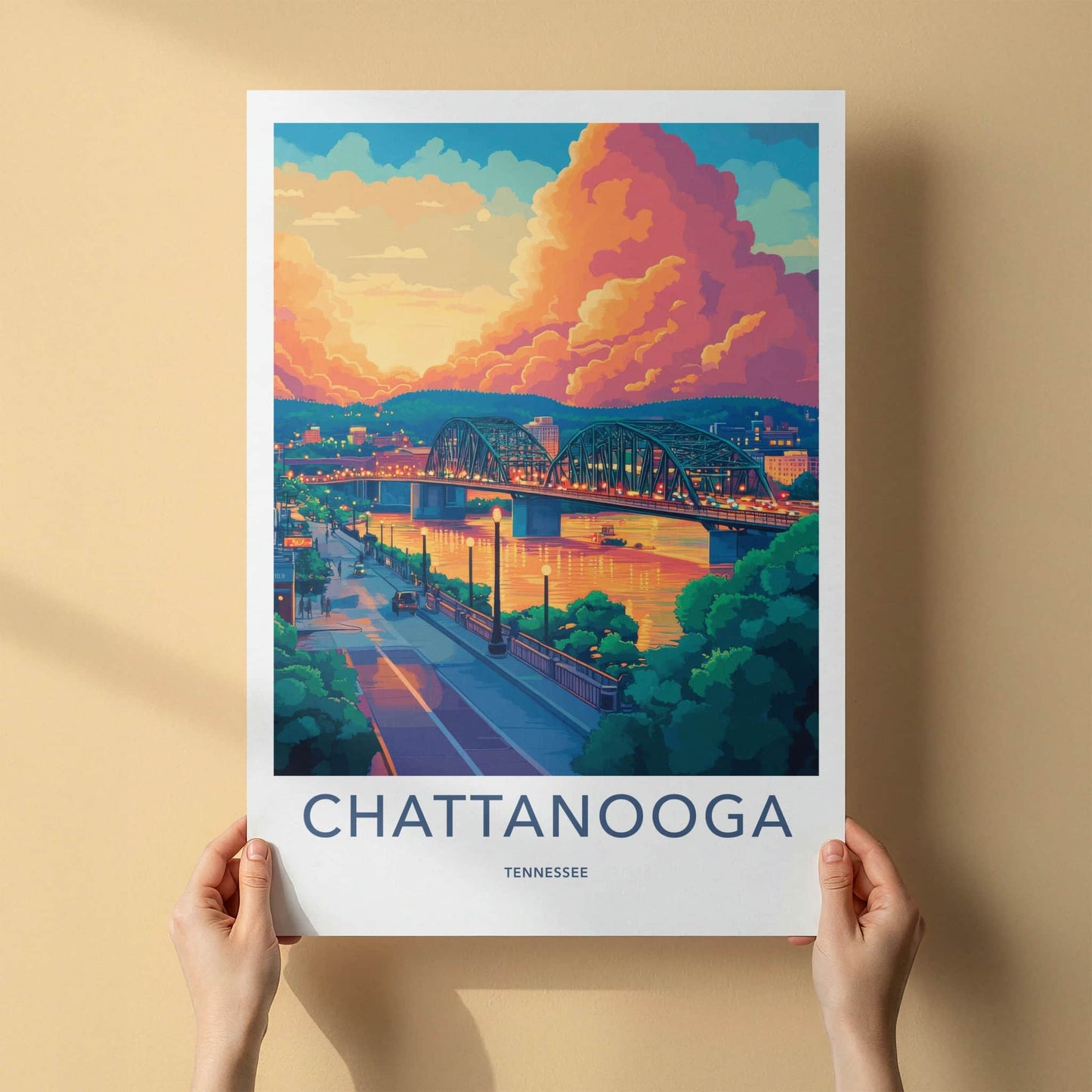 Chattanooga Poster - Tennessee Travel Art - Dramatic Sunset Bridge Home Decor