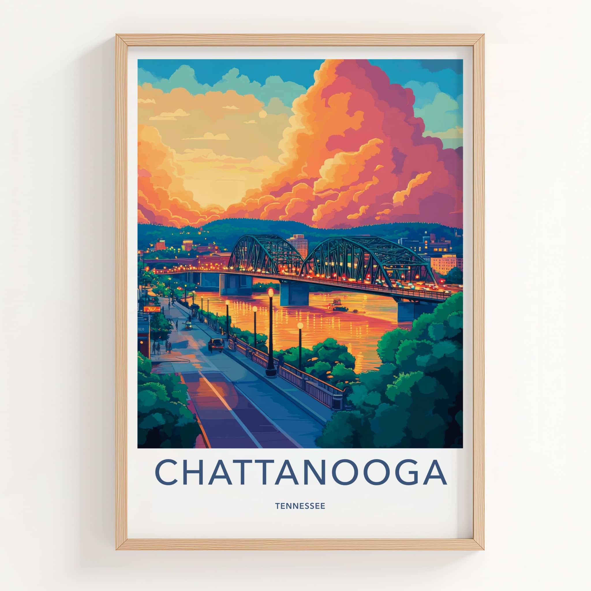 Chattanooga Poster - Tennessee Travel Art - Dramatic Sunset Bridge Home Decor