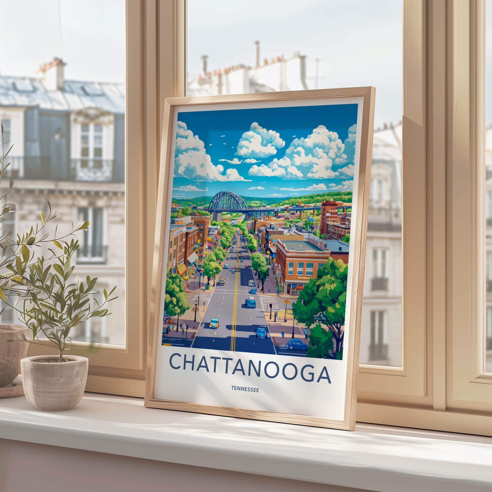 Chattanooga Poster - Tennessee Travel Art - Lively Cityscape Bridge Home Decor