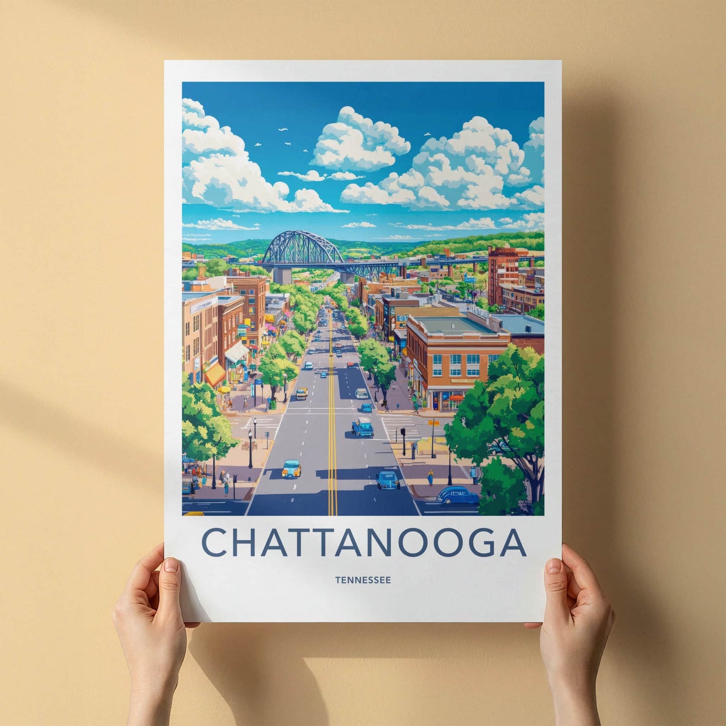 Chattanooga Poster - Tennessee Travel Art - Lively Cityscape Bridge Home Decor